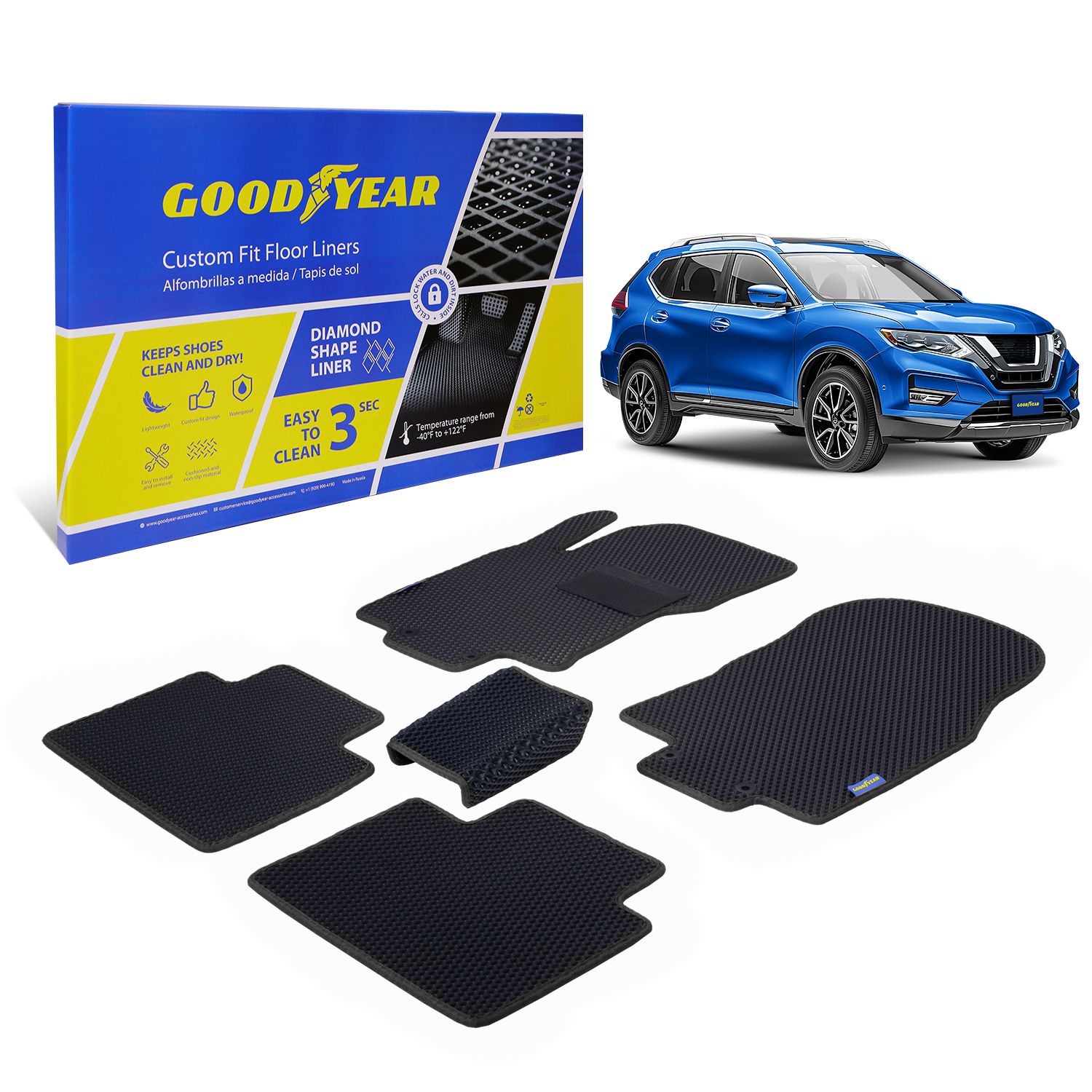 Goodyear Custom Fit Car Floor Liners for Nissan Rogue 2014-2020, Black/Black 5 Pc. Set, All-Weather Diamond Shape Liner Traps Dirt, Liquid, Rain and Dust, Precision Interior Coverage - GY004030