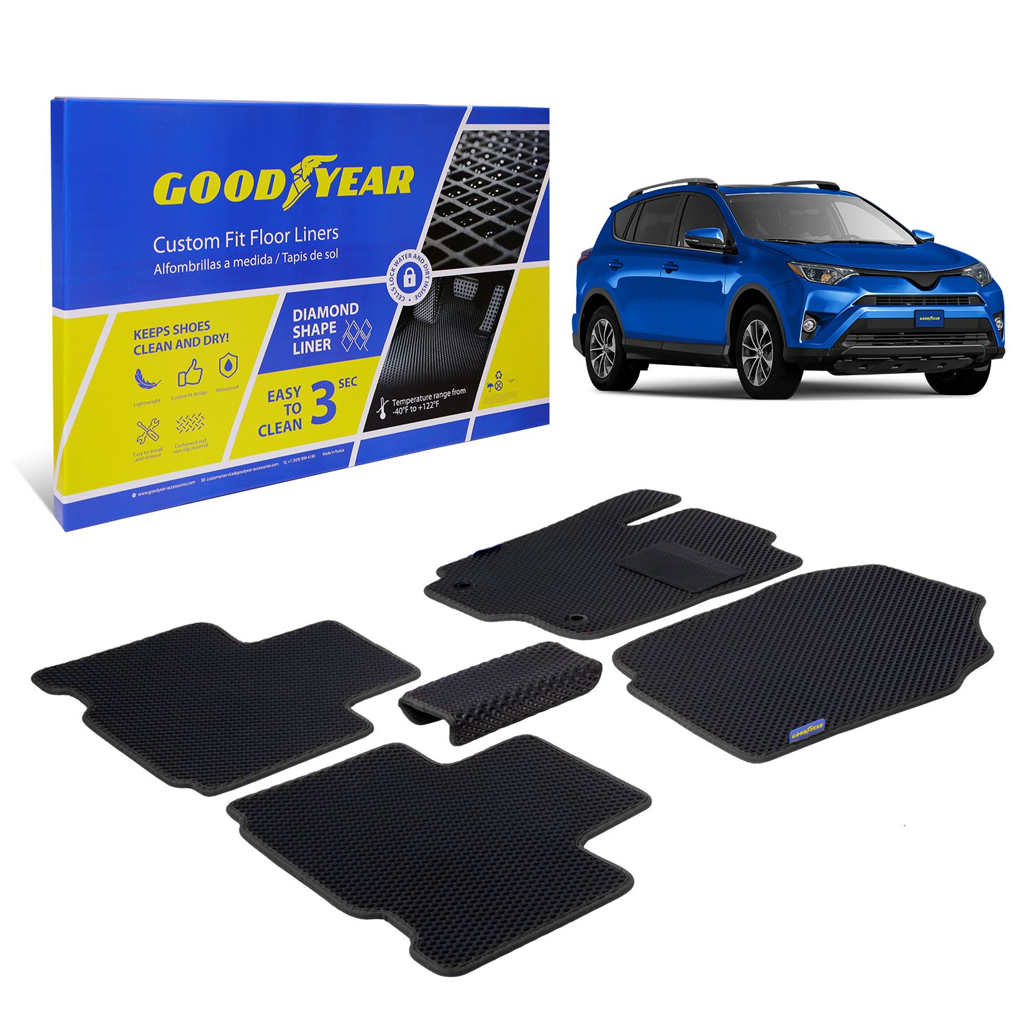Goodyear Custom Fit Car Floor Liners for Toyota RAV4 2013-2018, Black/Black 5 Pc. Set, All-Weather Diamond Shape Liner Traps Dirt, Liquid, Rain and Dust, Precision Interior Coverage - GY004036