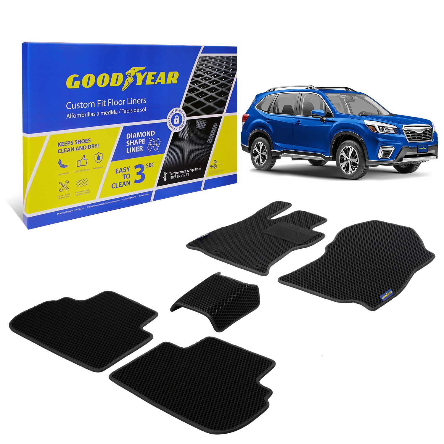 Goodyear Custom Fit Car Floor Liners for Subaru Forester 2019-2021, Black/Black 5 Pc. Set, All-Weather Diamond Shape Liner Traps Dirt, Liquid, Precision Interior Coverage - GY004039