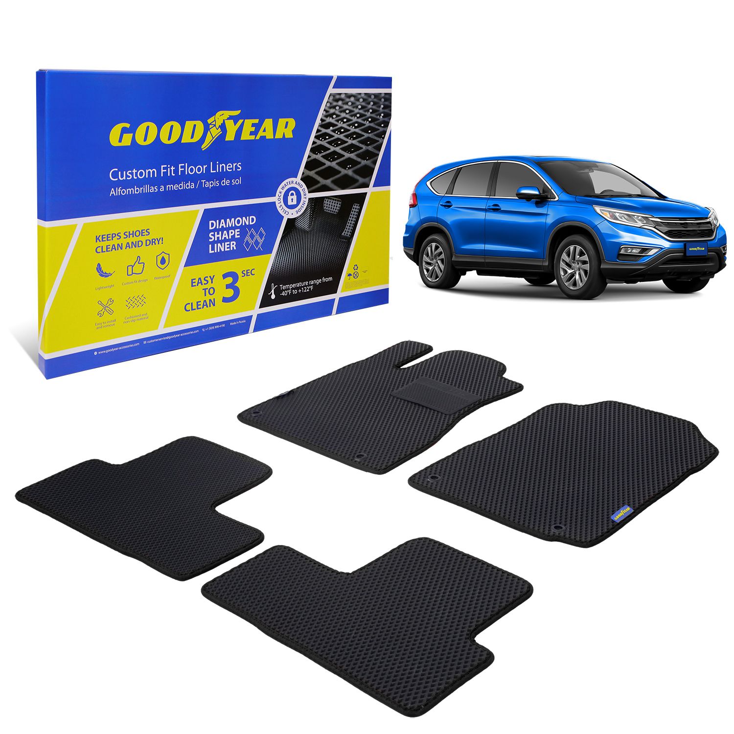Goodyear Custom Fit Car Floor Liners for Honda CR-V 2012-2016, Black/Black 4 Pc. Set, All-Weather Diamond Shape Liner Traps Dirt, Liquid, Rain and Dust, Precision Interior Coverage - GY004057