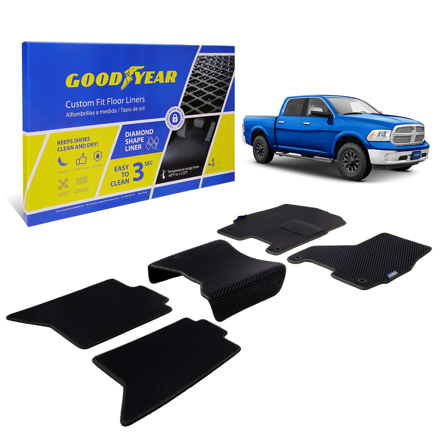 Goodyear Custom Fit Car Floor Liners for Dodge Ram 1500 2009-2018 Crew Cab, Black/Black 5 Pc. Set, All-Weather Diamond Shape Liner Traps Dirt, Liquid, Precision Interior Coverage - GY004069