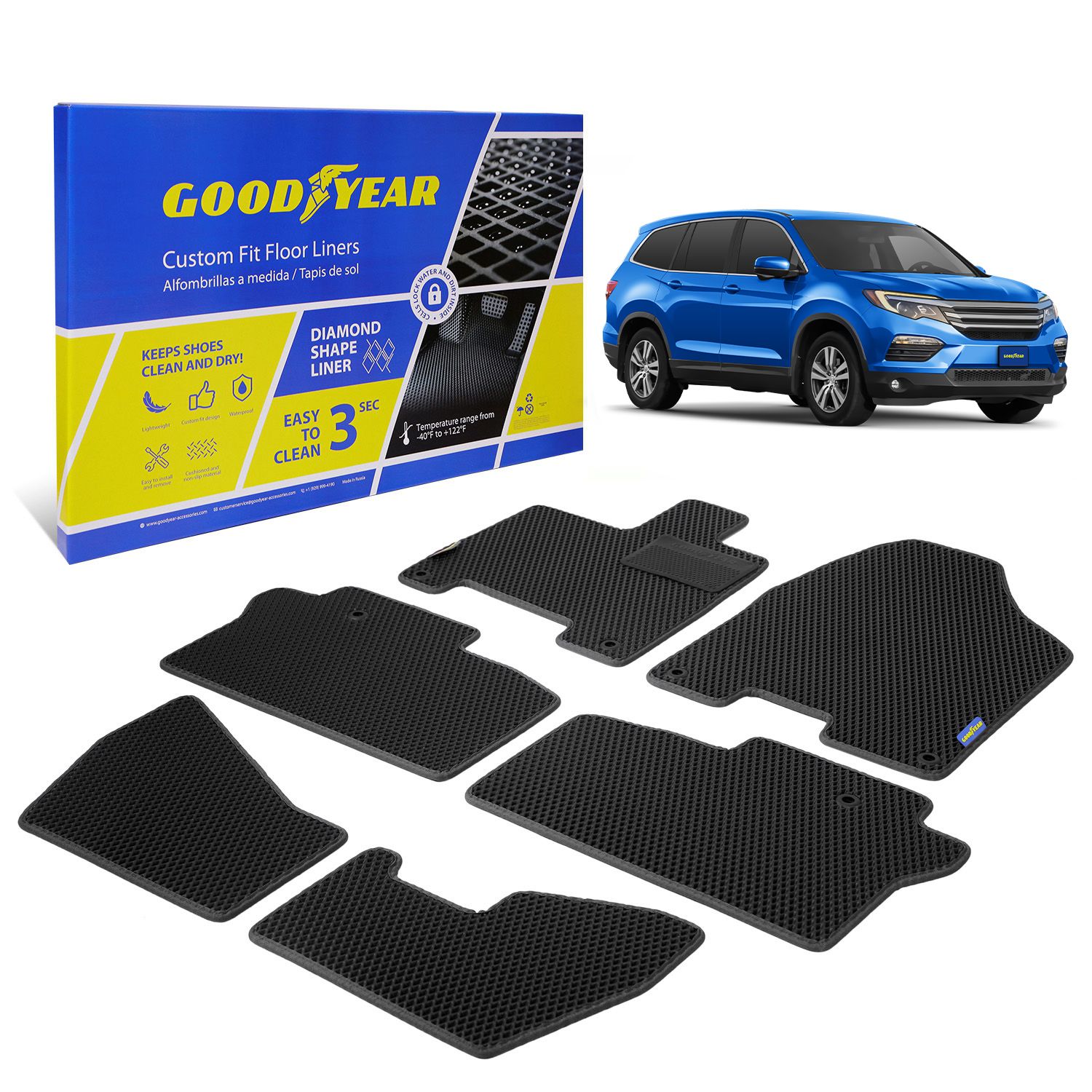 Goodyear Custom Fit Car Floor Liners for Honda Pilot 2016-2021, Black/Black 6 Pc. Set, All-Weather Diamond Shape Liner Traps Dirt, Liquid, Rain and Dust, Precision Interior Coverage - GY004081