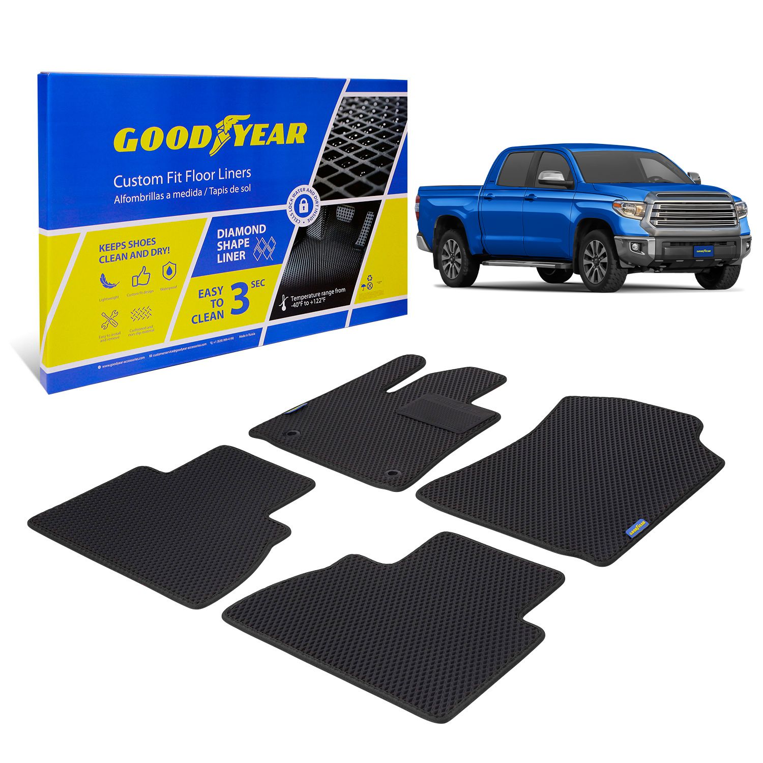 Goodyear Custom Fit Car Floor Liners for Toyota Tundra 2014-2021 CrewMax, Black/Black 4 Pc. Set, All-Weather Diamond Shape Liner Traps Dirt, Liquid, Precision Interior Coverage - GY004087