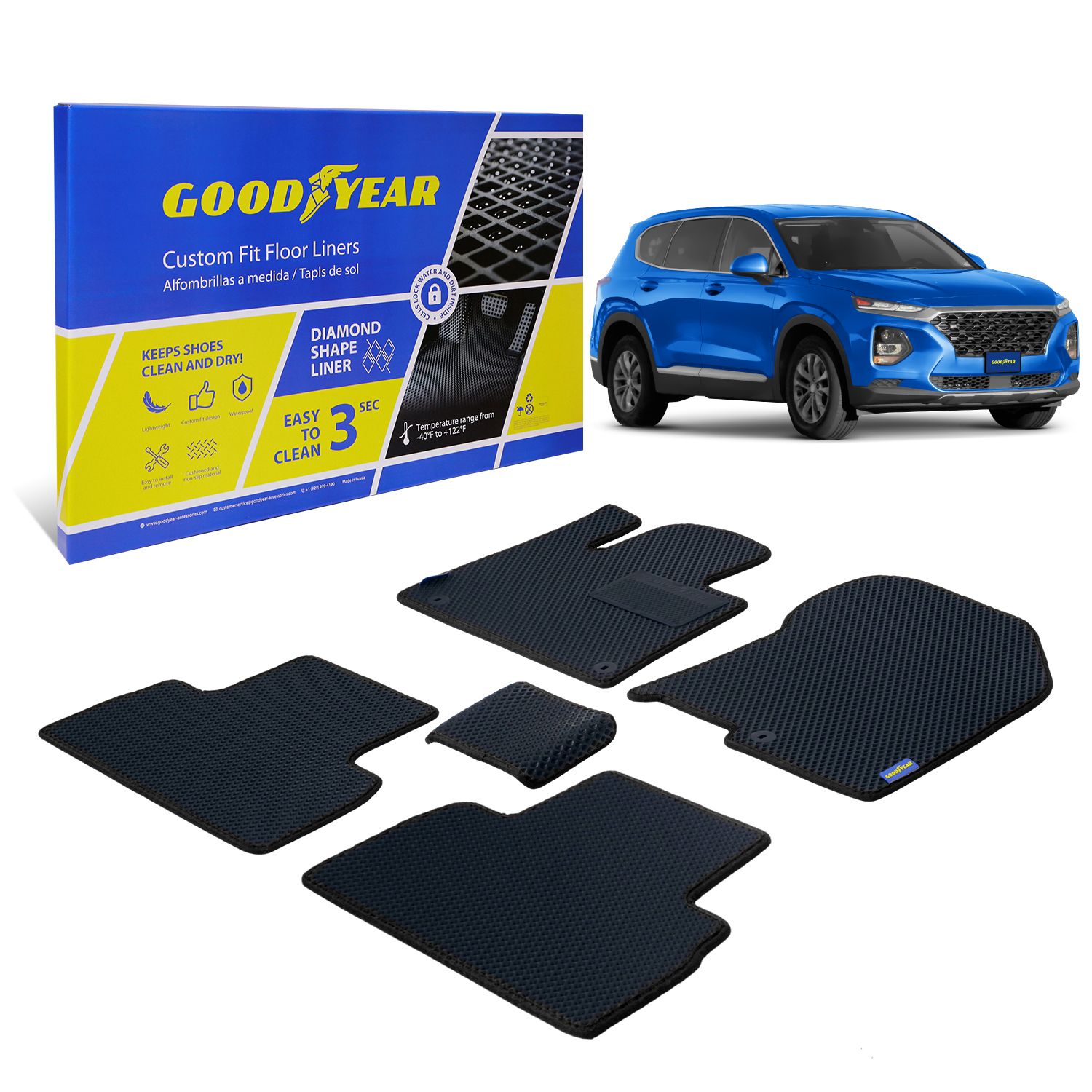 Goodyear Custom Fit Car Floor Liners for Hyundai Santa Fe 2019-2021, Black/Black 5 Pc. Set, All-Weather Diamond Shape Liner Traps Dirt, Liquid, Rain and Dust, Precision Interior Coverage - GY004099