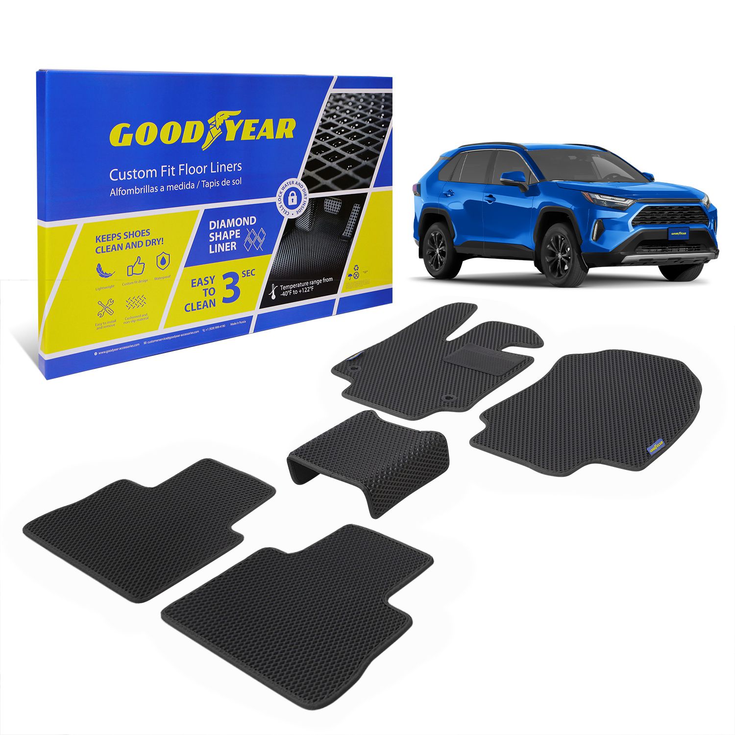 Goodyear Custom Fit Car Floor Liners for Toyota RAV4 2019-2021, Black/Black 5 Pc. Set, All-Weather Diamond Shape Liner Traps Dirt, Liquid, Rain and Dust, Precision Interior Coverage - GY004105