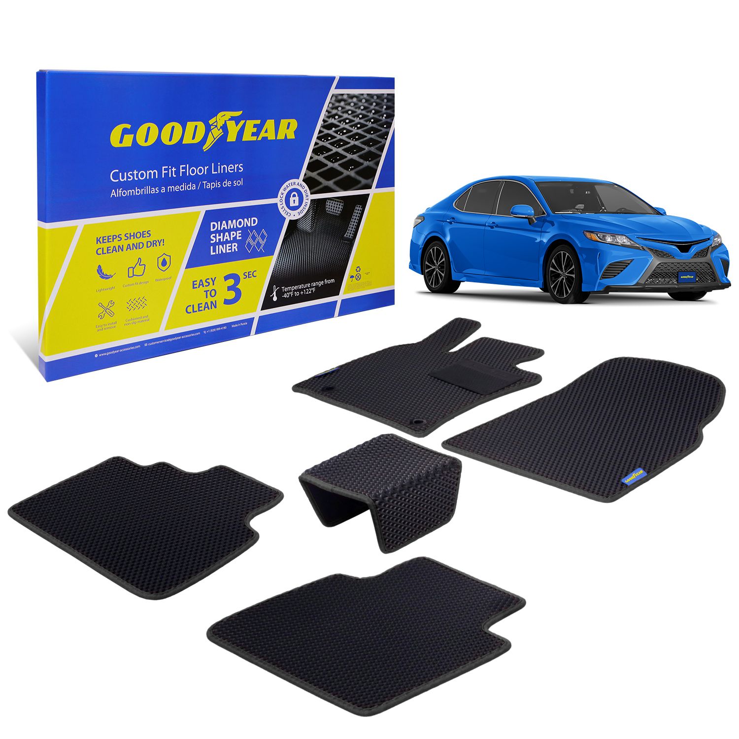 Goodyear Custom Fit Car Floor Liners for Toyota Camry 2018-2021, Black/Black 5 Pc. Set, All-Weather Diamond Shape Liner Traps Dirt, Liquid, Rain and Dust, Precision Interior Coverage - GY004111