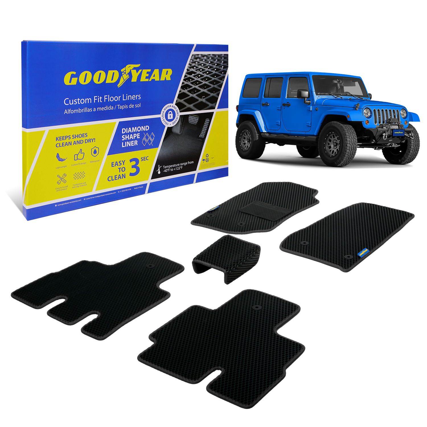 Goodyear Custom Fit Car Floor Liners for Jeep Wrangler 2014-2018, Black/Black 5 Pc. Set, All-Weather Diamond Shape Liner Traps Dirt, Liquid, Precision Interior Coverage - GY004123