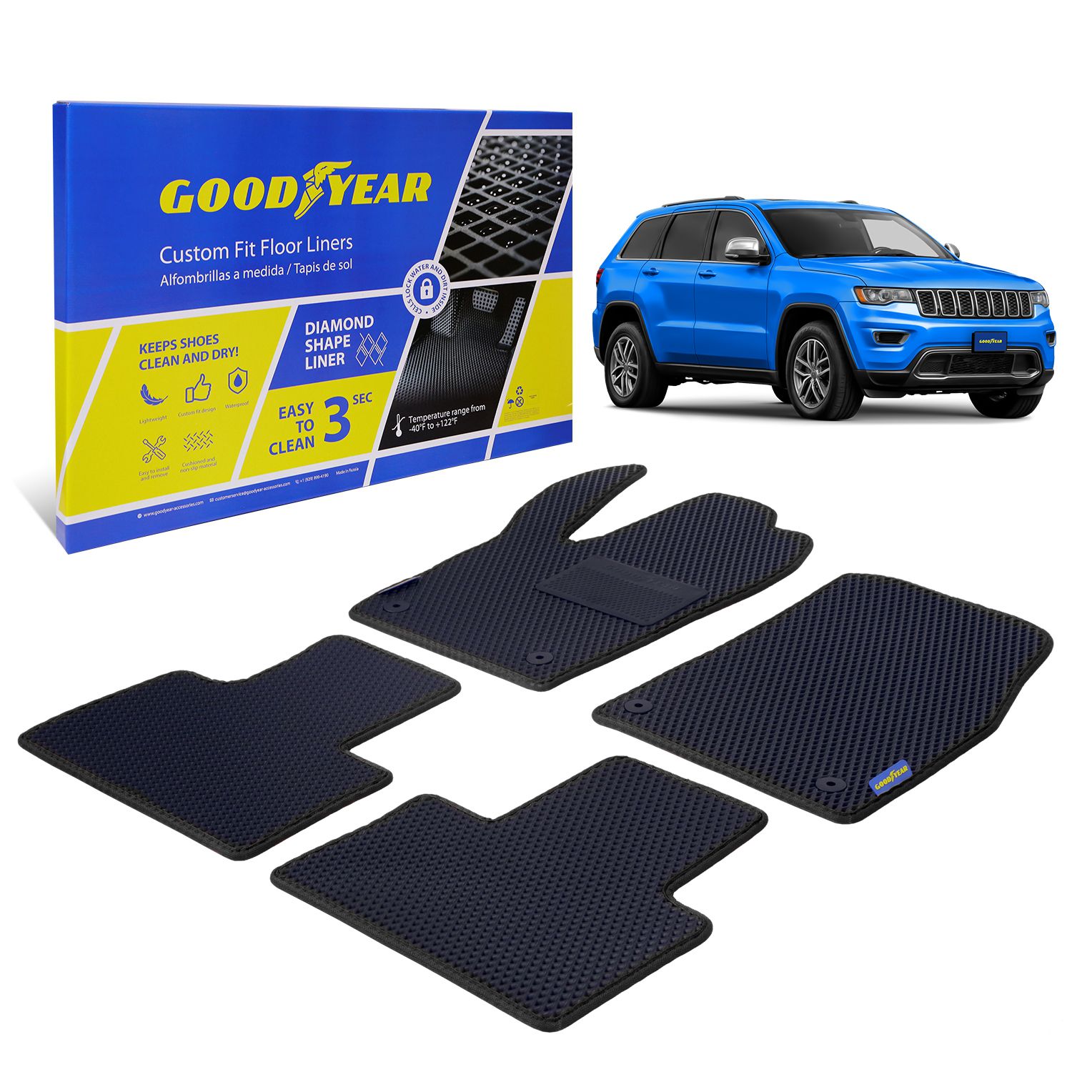 Goodyear Custom Fit Car Floor Liners for Jeep Grand Cherokee 2016-2020, Black/Black 4 Pc.Set, All-Weather Diamond Shape Liner Traps Dirt, Liquid, Precision Interior Coverage - GY004129