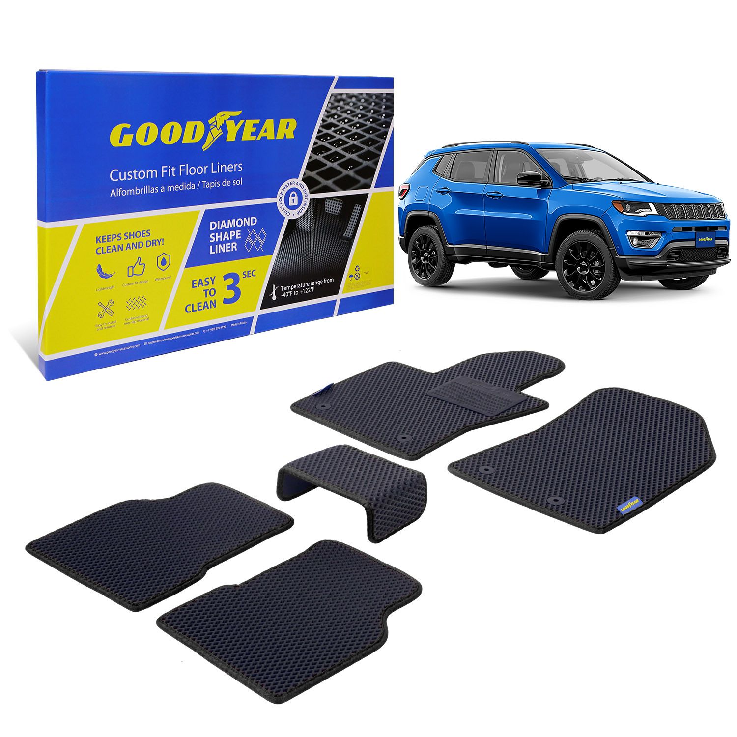 Goodyear Custom Fit Car Floor Liners for Jeep Compass 2017-2021, Black/Black 5 Pc. Set, All-Weather Diamond Shape Liner Traps Dirt, Liquid, Rain and Dust, Precision Interior Coverage - GY004132