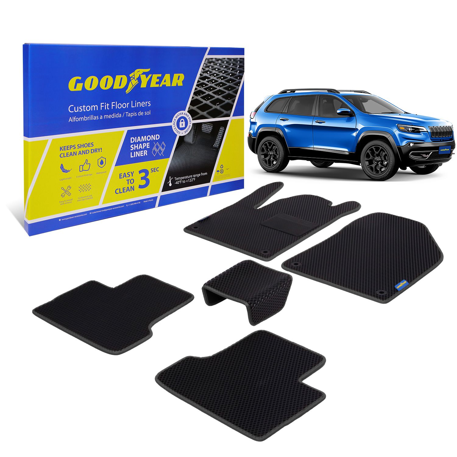 Goodyear Custom Fit Car Floor Liners for Jeep Cherokee 2015-2021, Black/Black 5 Pc. Set, All-Weather Diamond Shape Liner Traps Dirt, Liquid, Precision Interior Coverage - GY004135
