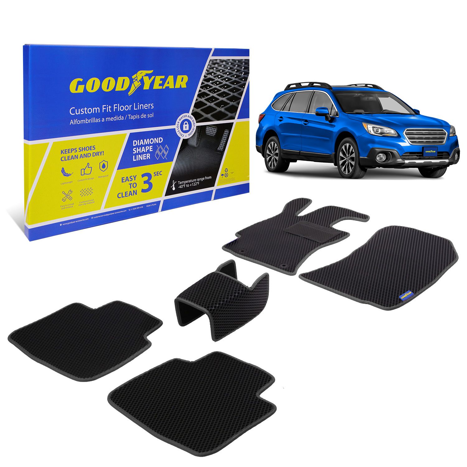 Goodyear Custom Fit Car Floor Liners for Subaru Outback 2015-2019, Black/Black 5 Pc. Set, All-Weather Diamond Shape Liner Traps Dirt, Liquid, Precision Interior Coverage - GY004141