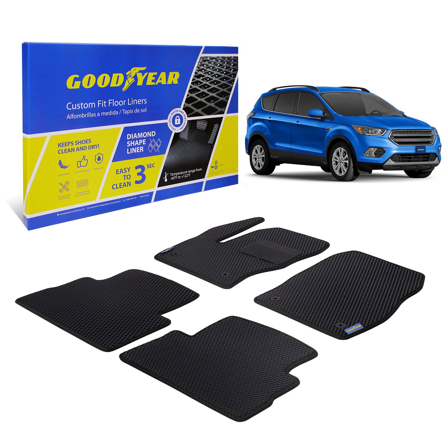 Goodyear Custom Fit Car Floor Liners for Ford Escape 2013-2019, Black/Black 4 Pc. Set, All-Weather Diamond Shape Liner Traps Dirt, Liquid, Rain and Dust, Precision Interior Coverage - GY004144