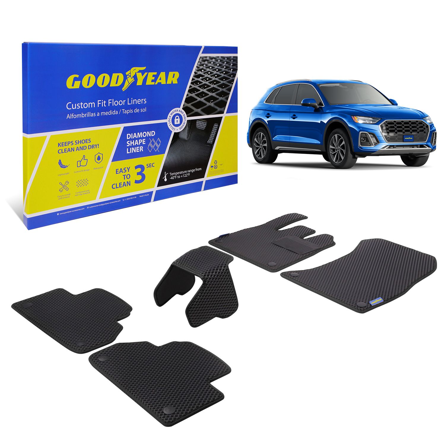Goodyear Custom Fit Car Floor Liners for Audi Q5 2018-2021, Black/Black 5 Pc. Set, All-Weather Diamond Shape Liner Traps Dirt, Liquid, Rain and Dust, Precision Interior Coverage - GY004147