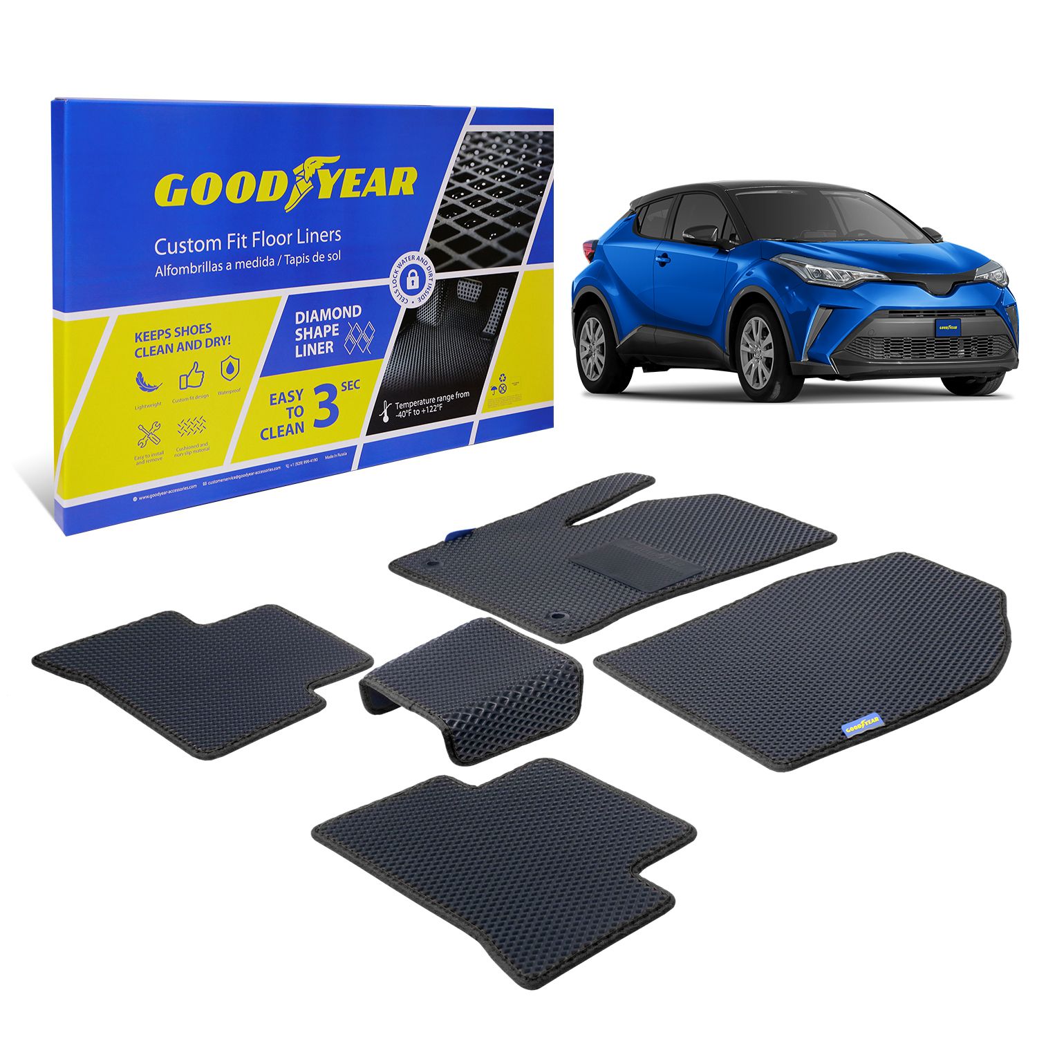 Goodyear Custom Fit Car Floor Liners for Toyota C-HR 2018-2020, Black/Black 5 Pc. Set, All-Weather Diamond Shape Liner Traps Dirt, Liquid, Precision Interior Coverage - GY004174