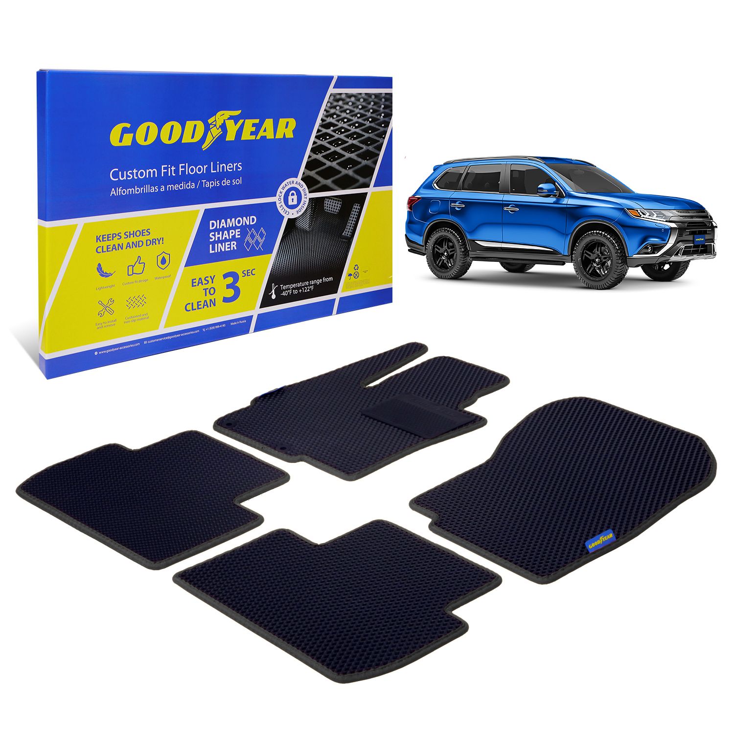 Goodyear Custom Fit Car Floor Liners for Mitsubishi Outlander 2014-2020, Black/Black 5 Pc. Set, All-Weather Diamond Shape Liner Traps Dirt, Liquid, Precision Interior Coverage - GY004177