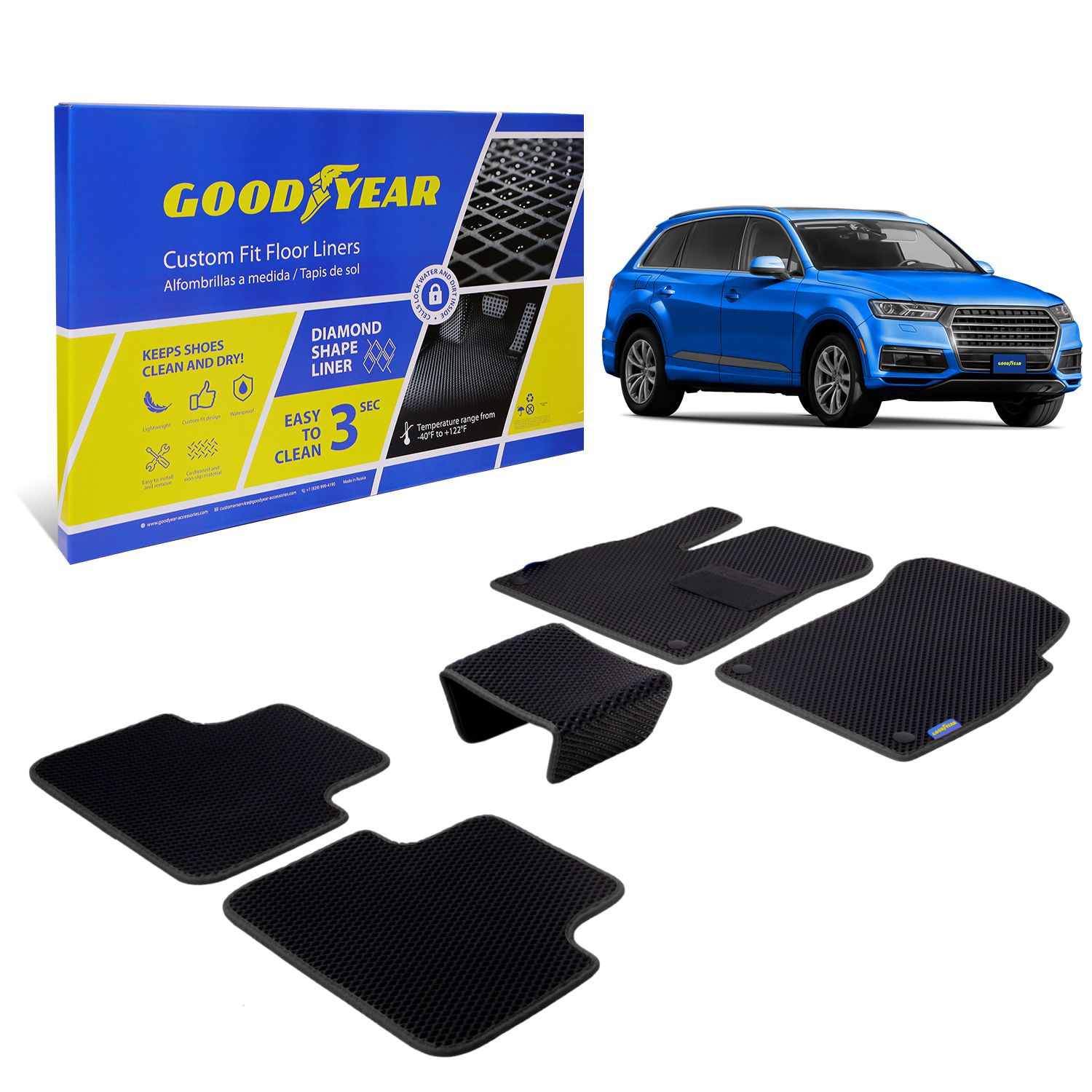 Goodyear Custom Fit Car Floor Liners for Audi Q7 2017-2021, Black/Black 5 Pc. Set, All Weather Diamond Shape Liner Traps Dirt, Liquid, Rain and Dust, Precision Interior Coverage - GY004180