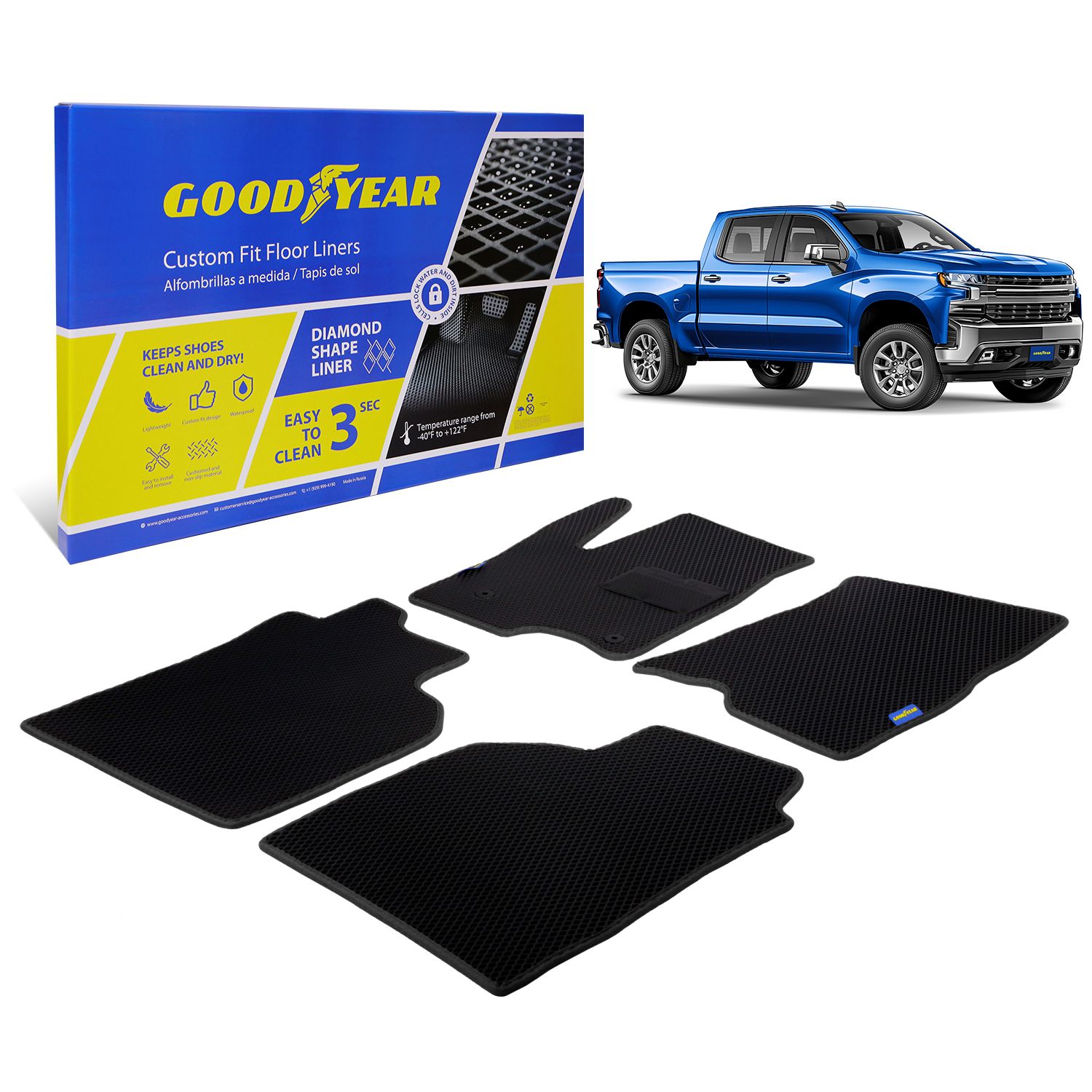 Goodyear Custom Fit Car Floor Liners for Chevrolet (Chevy) Silverado/for GMC Sierra 2019-2021 Crew Cab, Black/Black, All-Weather Diamond Shape Liner Traps Dirt, Liquid,Precision Interior Coverage-GY004189