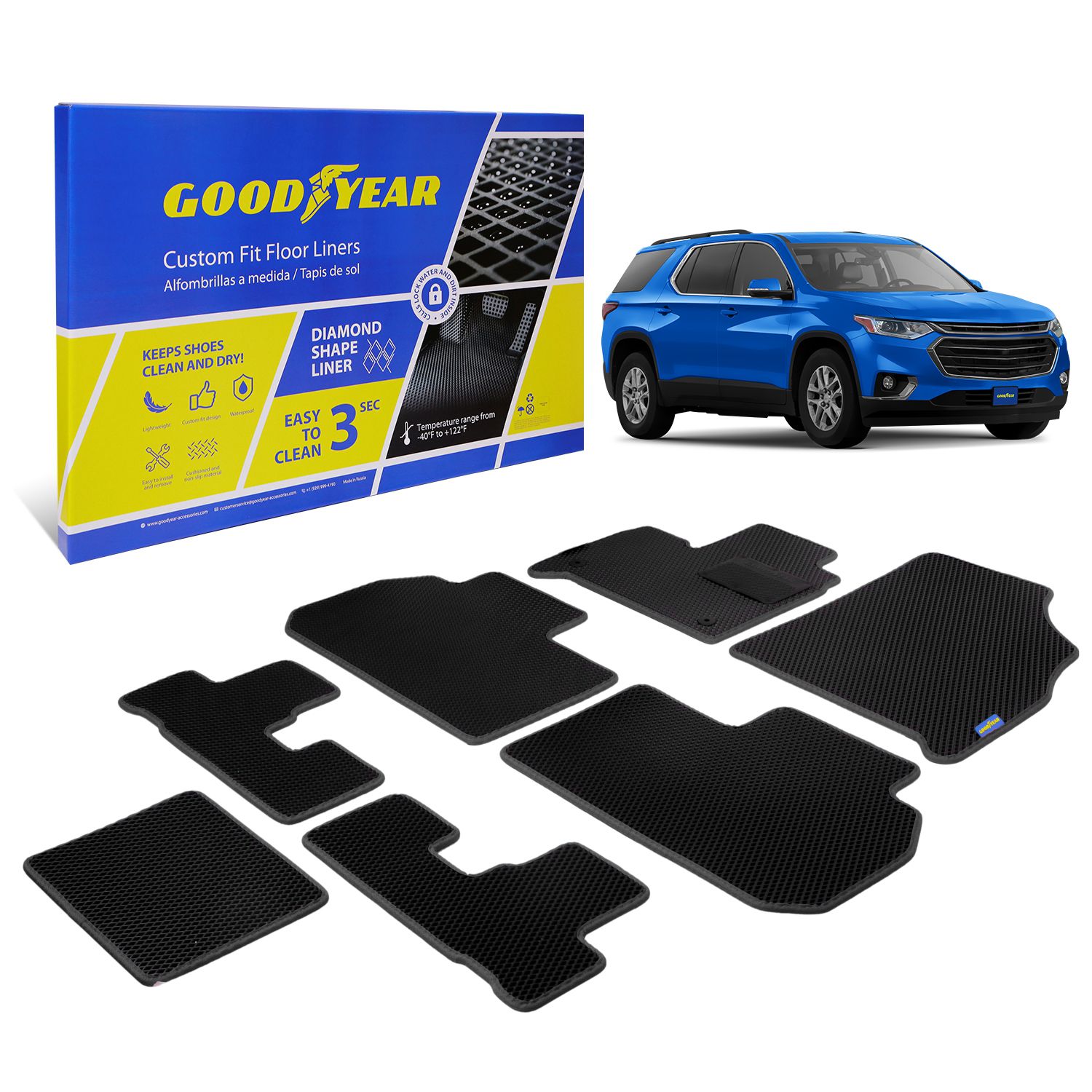Goodyear Custom Fit Car Floor Liners for Chevy Traverse 2018-2021, Black/Black 7 Pc. Set, All Weather Diamond Shape Liner Traps Dirt, Liquid, Rain and Dust, Precision Interior Coverage - GY004192