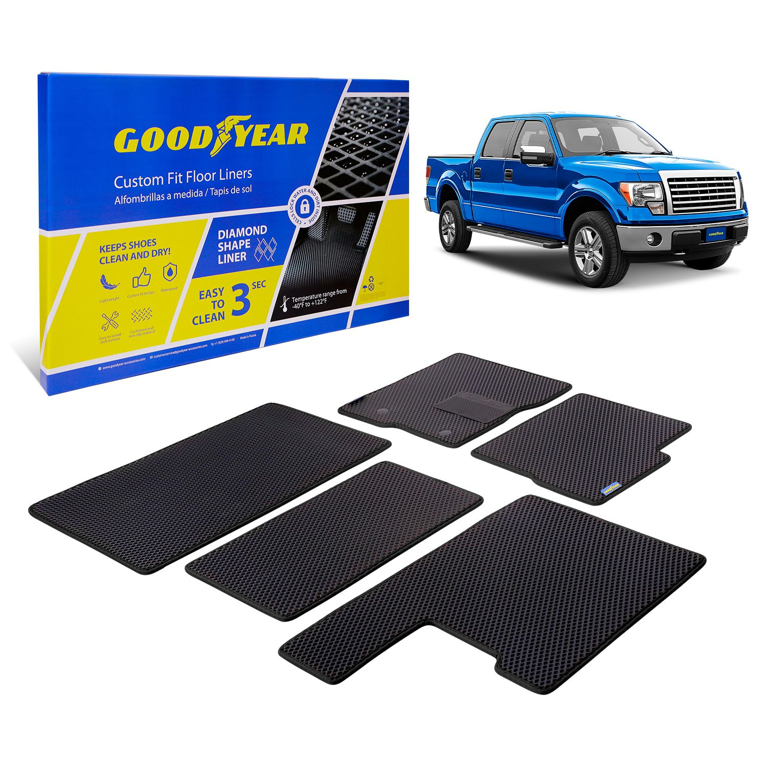 Goodyear Custom Fit Car Floor Liners for Ford F-150 2010-2014 SuperCrew, Black/Black 5 Pc. Set, All-Weather Diamond Shape Liner Traps Dirt, Liquid, Precision Interior Coverage - GY004204