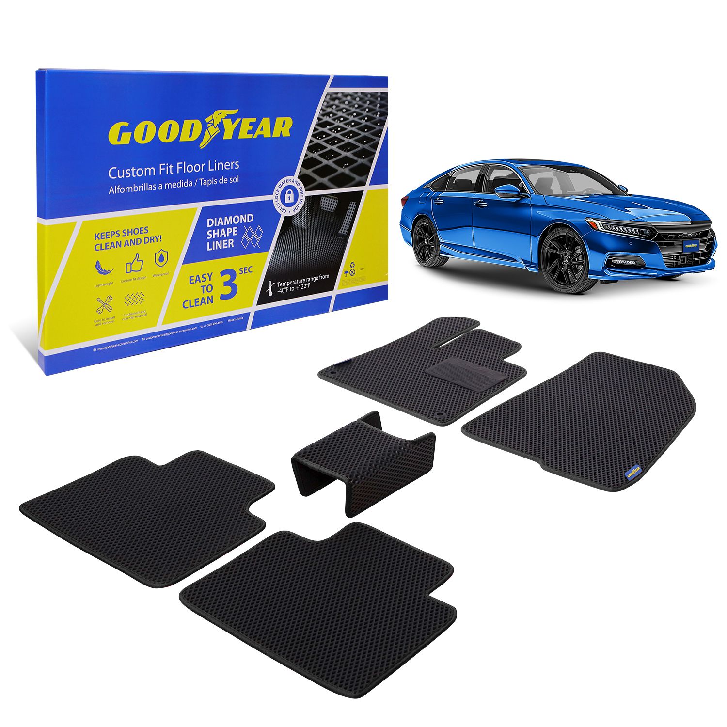 Goodyear Custom Fit Car Floor Liners for Honda Accord 2018-2021, Black/Black 5 Pc. Set, All-Weather Diamond Shape Liner Traps Dirt, Liquid, Precision Interior Coverage - GY004216