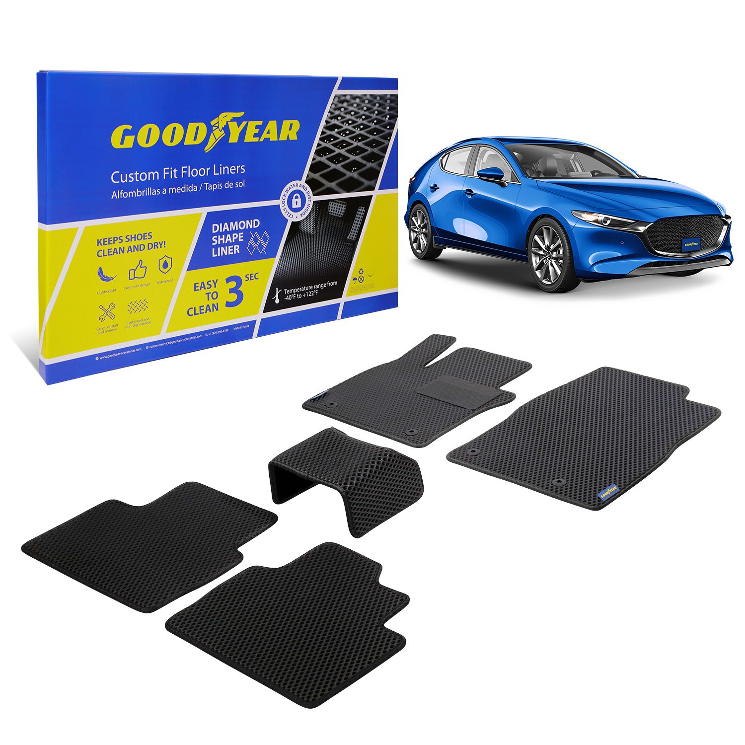 Goodyear Custom Fit Car Floor Liners for Mazda 3 2019-2021, Black/Black 5 Pc. Set, All-Weather Diamond Shape Liner Traps Dirt, Liquid, Precision Interior Coverage - GY004219