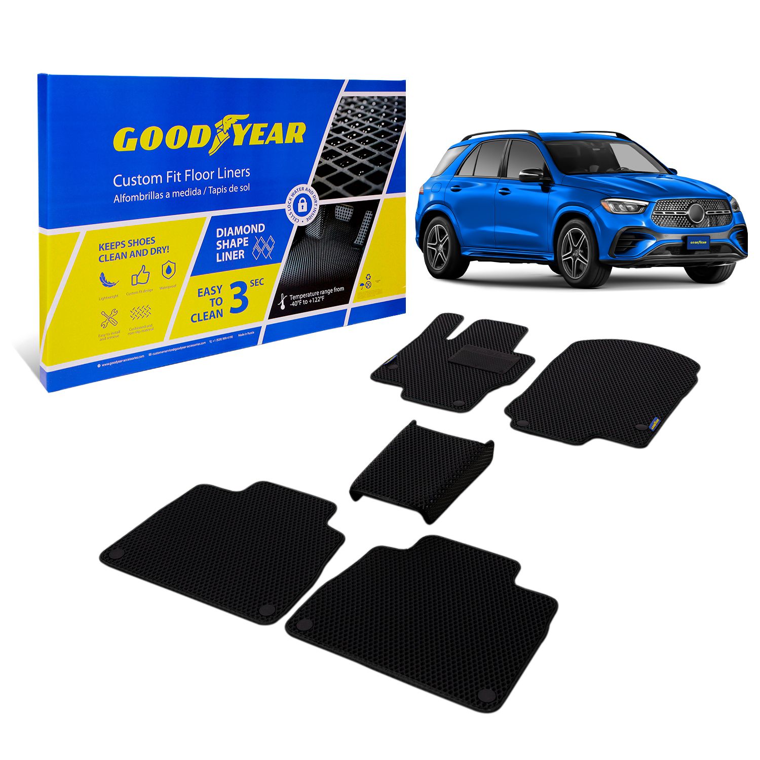 Goodyear Custom Fit Car Floor Liners for Mercedes GLE-Class 2020-2021, Black/Black 5 Pc. Set, All-Weather Diamond Shape Liner Traps Dirt, Liquid, Precision Interior Coverage - GY004231