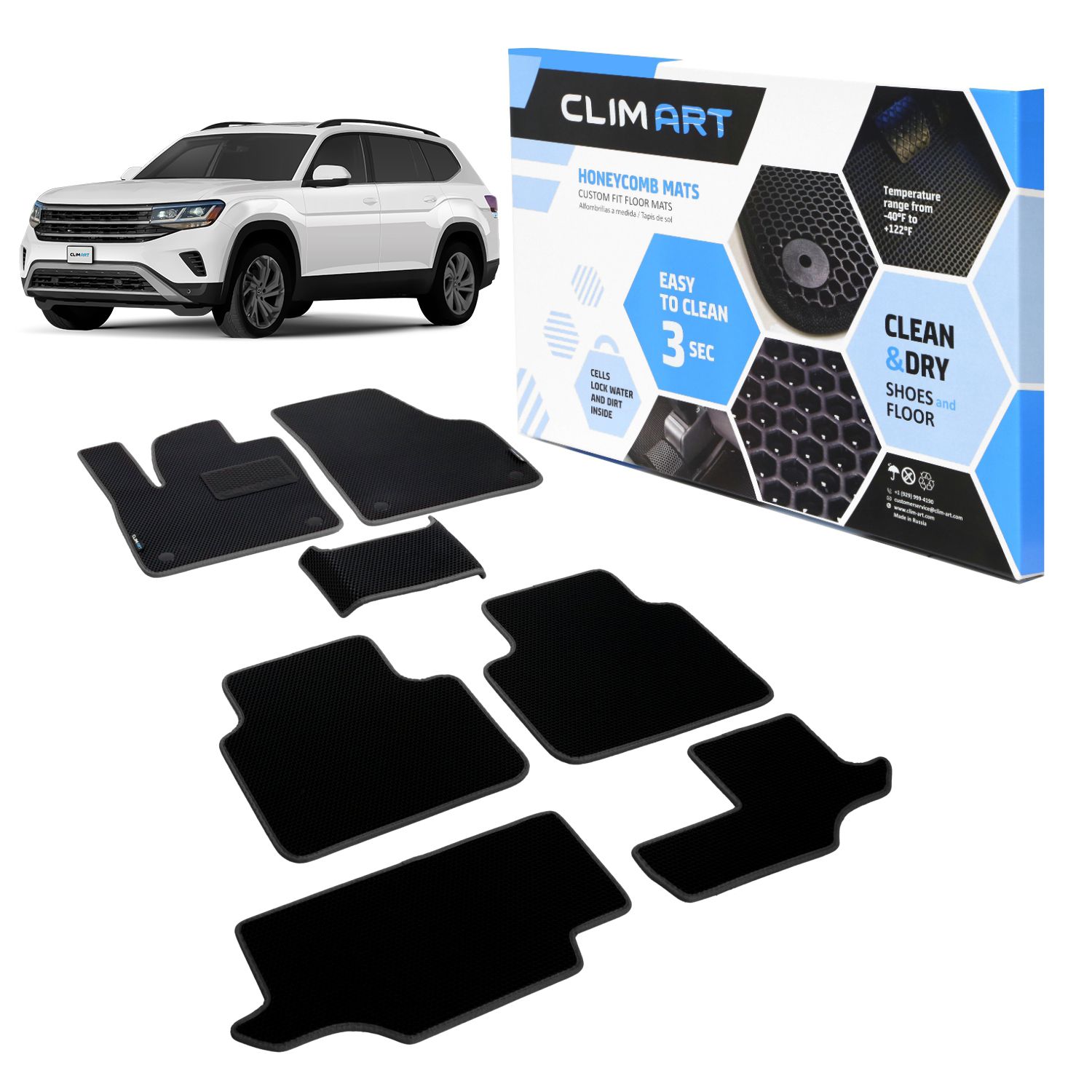 Goodyear Custom Fit Car Floor Liners for Volkswagen (VW) Atlas 2018-2021, Black/Black 7 Pc. Set, All-Weather Diamond Shape Liner Traps Dirt, Liquid, Precision Interior Coverage - GY004243