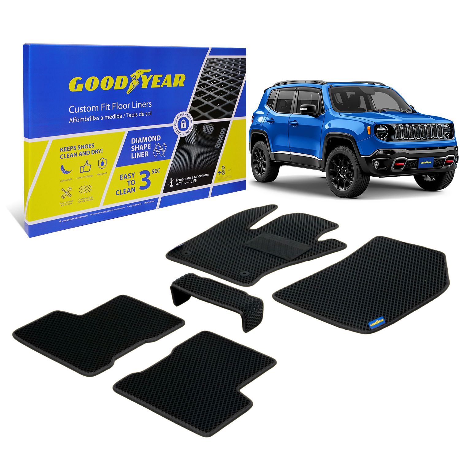 Goodyear Custom Fit Car Floor Liners for Jeep Renegade 2015-2021, Black/Black 5 Pc. Set, All-Weather Diamond Shape Liner Traps Dirt, Liquid, Precision Interior Coverage - GY004246