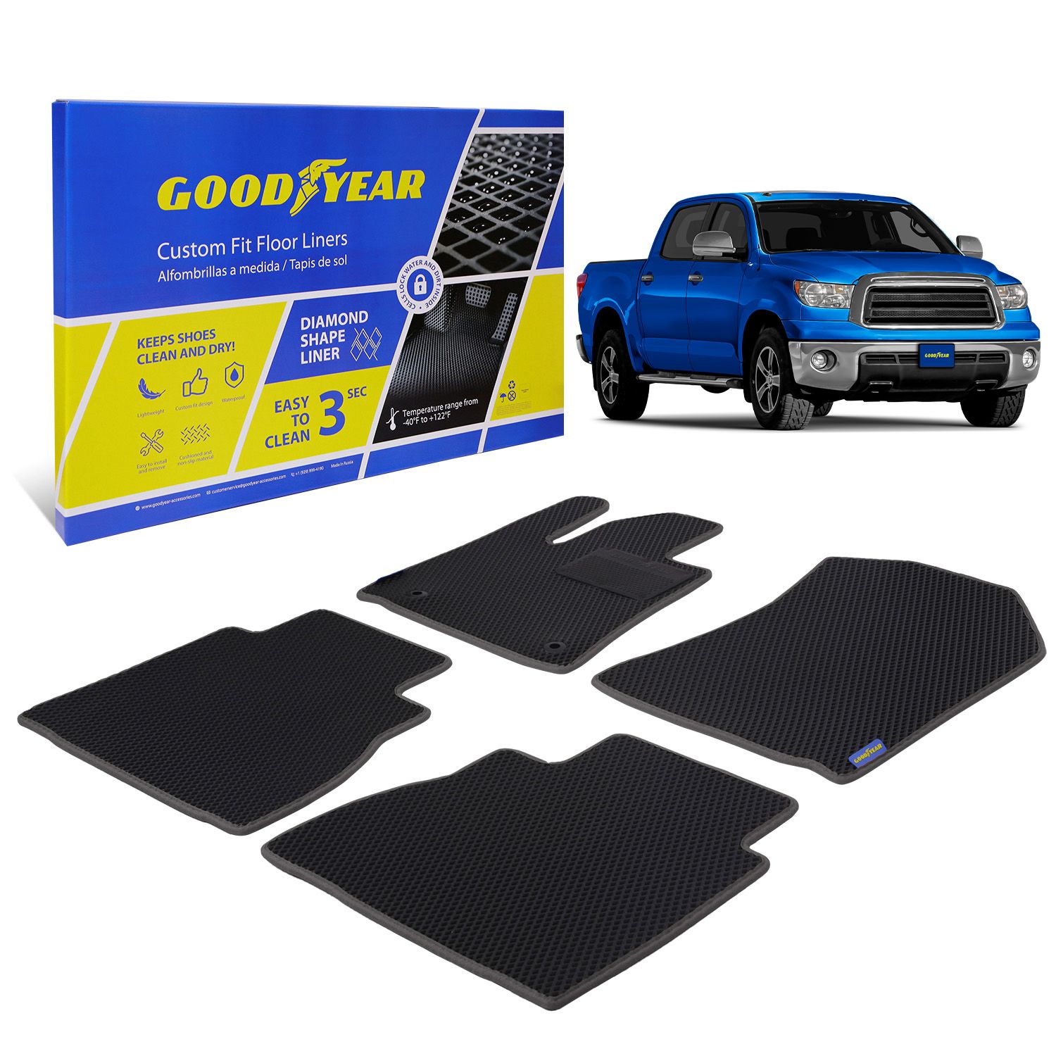 Goodyear Custom Fit Car Floor Liners for Toyota Tundra 2010-2013 CrewMax, Black/Black 4 Pc. Set, All-Weather Diamond Shape Liner Traps Dirt, Liquid, Precision Interior Coverage - GY004252