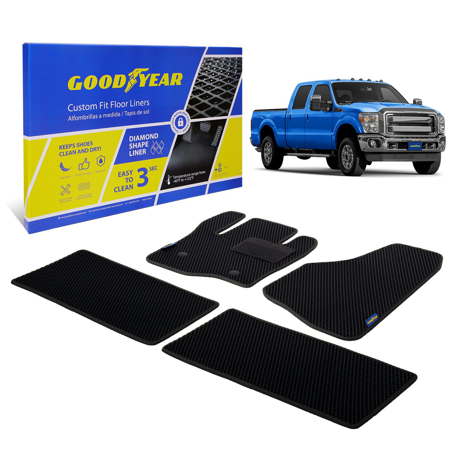 Goodyear Custom Fit Car Floor Liners for Ford F-250 2012-2016 SuperCrew, Black/Black 4 Pc. Set, All-Weather Diamond Shape Liner Traps Dirt, Liquid, Precision Interior Coverage - GY004255
