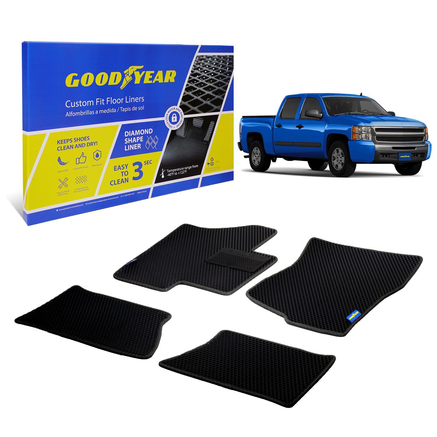 Goodyear Custom Fit Car Floor Liners for Chevrolet (Chevy) Silverado/for GMC Sierra 2007-2013 Crew Cab, Black/Black, All-Weather Diamond Shape Liner Traps Dirt, Precision Interior Coverage - GY004264
