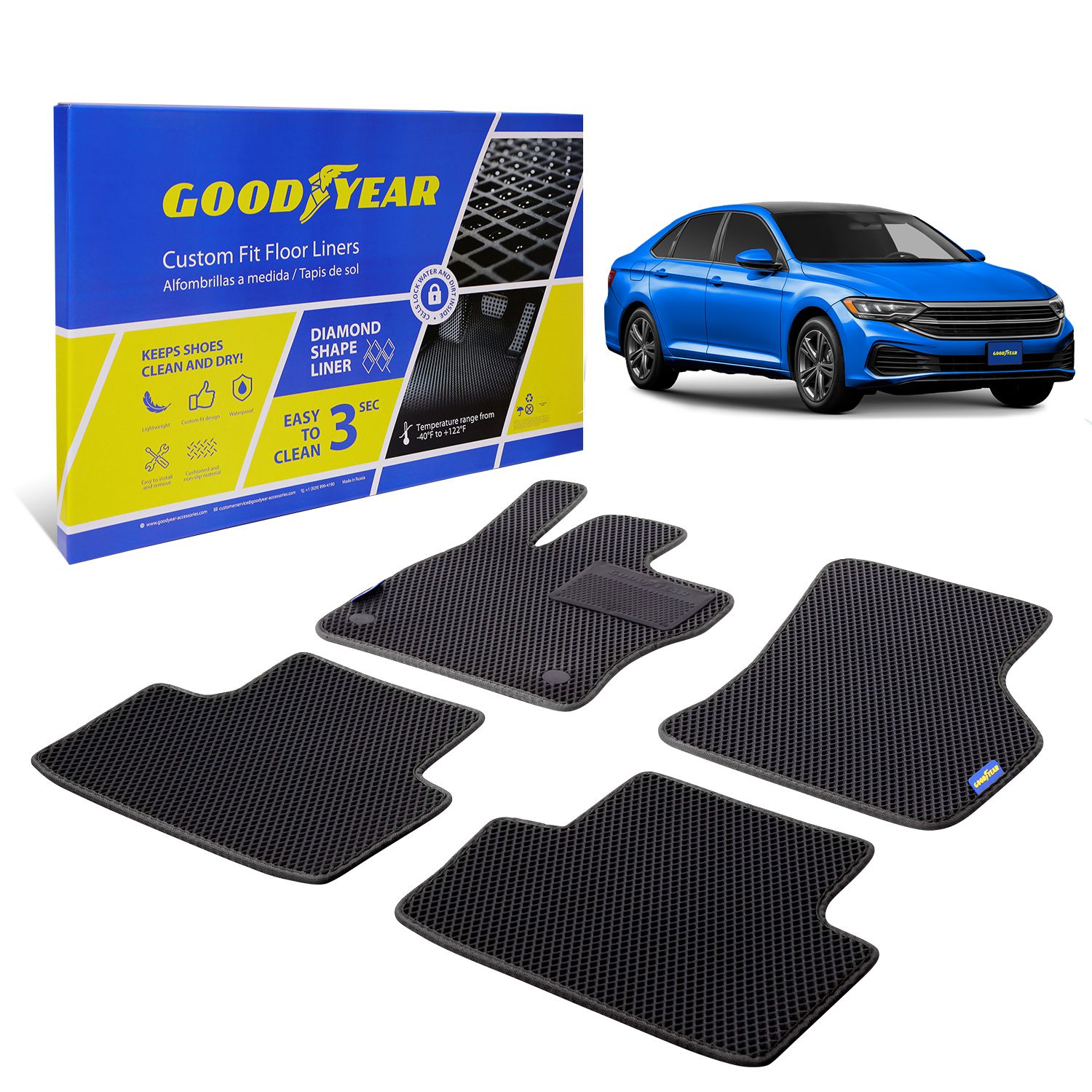 Goodyear Custom Fit Car Floor Liners for Volkswagen (VW) Jetta 2019-2021, Black/Black 4 Pc. Set, All-Weather Diamond Shape Liner Traps Dirt, Liquid, Precision Interior Coverage - GY004279