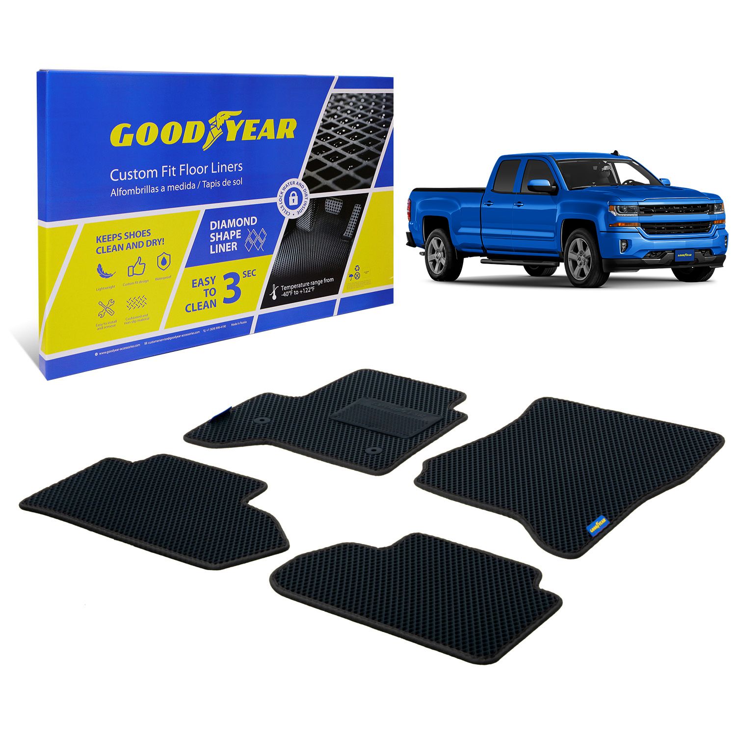 Goodyear Custom Fit Car Floor Liners for Chevrolet (Chevy) Silverado/for GMC Sierra 2014-2018 Double Cab, Black/Black, All-Weather Diamond Shape Liner Traps Dirt,Precision Interior Coverage - GY004282