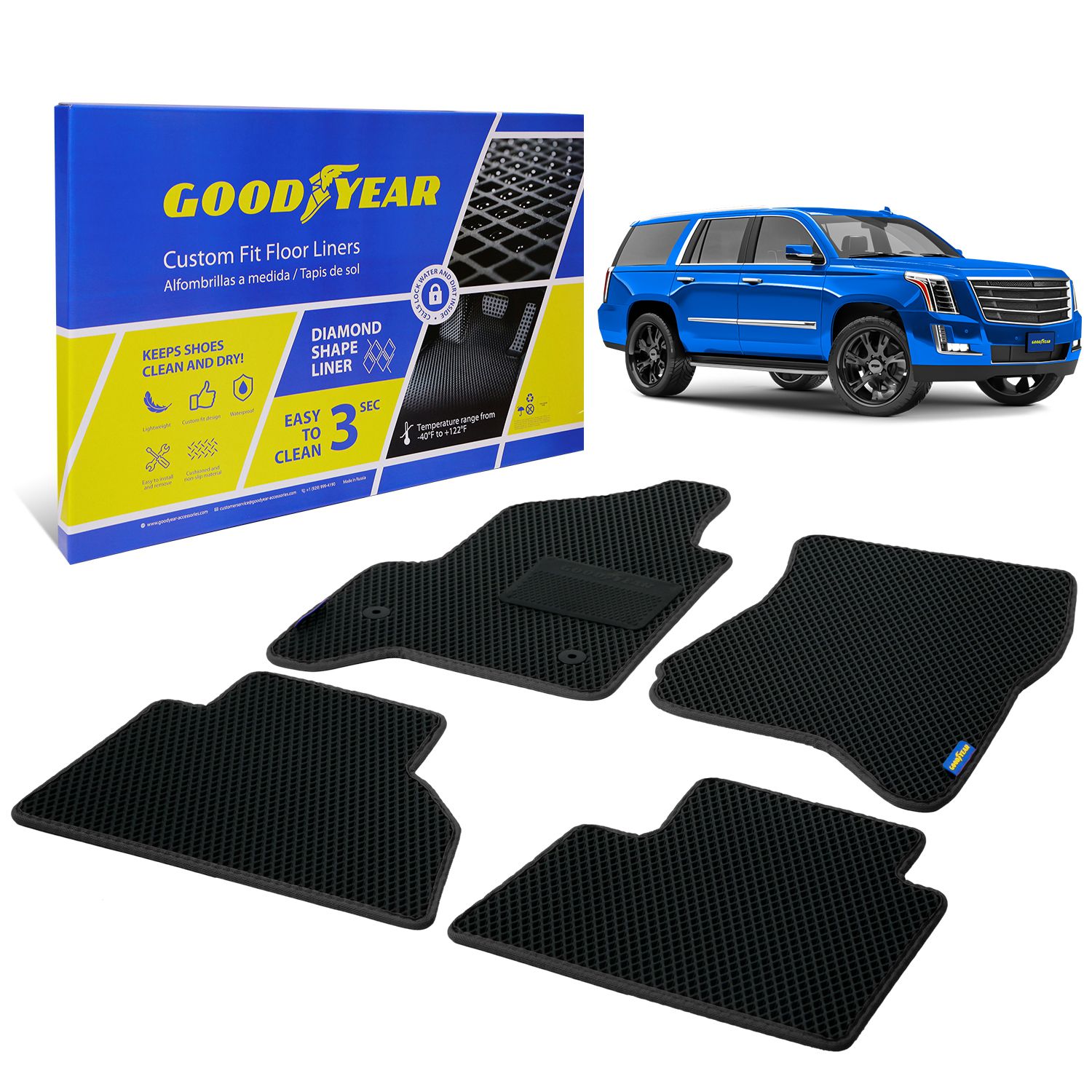 Goodyear Custom Fit Car Floor Liners for Cadillac Escalade 2015-2020, Black/Black 4 Pc. Set, All-Weather Diamond Shape Liner Traps Dirt, Liquid, Precision Interior Coverage - GY004285
