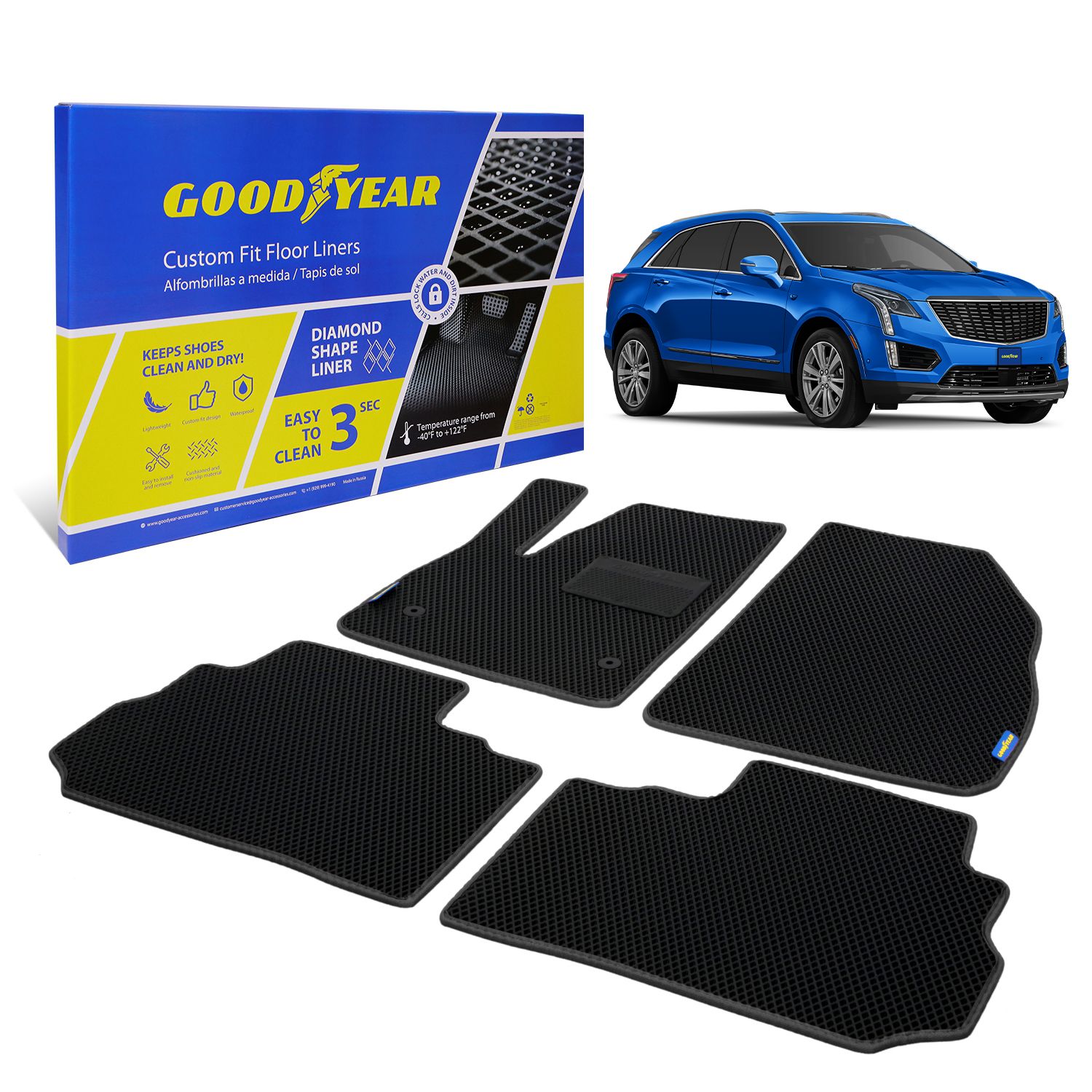 Goodyear Custom Fit Car Floor Liners for Cadillac XT5 2017-2021, Black/Black 4 Pc. Set, All-Weather Diamond Shape Liner Traps Dirt, Liquid, Precision Interior Coverage - GY004288