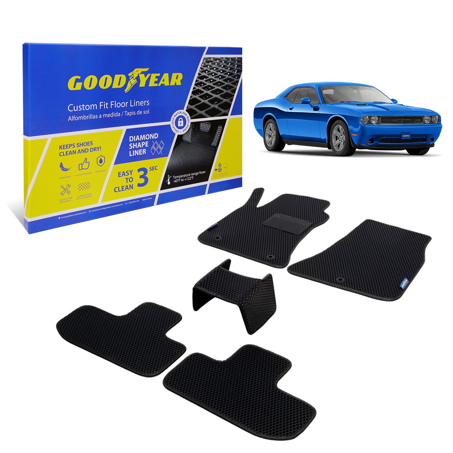 Goodyear Custom Fit Car Floor Liners for Dodge Challenger 2015-2020, Black/Black 4 Pc. Set, All-Weather Diamond Shape Liner Traps Dirt, Liquid, Precision Interior Coverage - GY004294