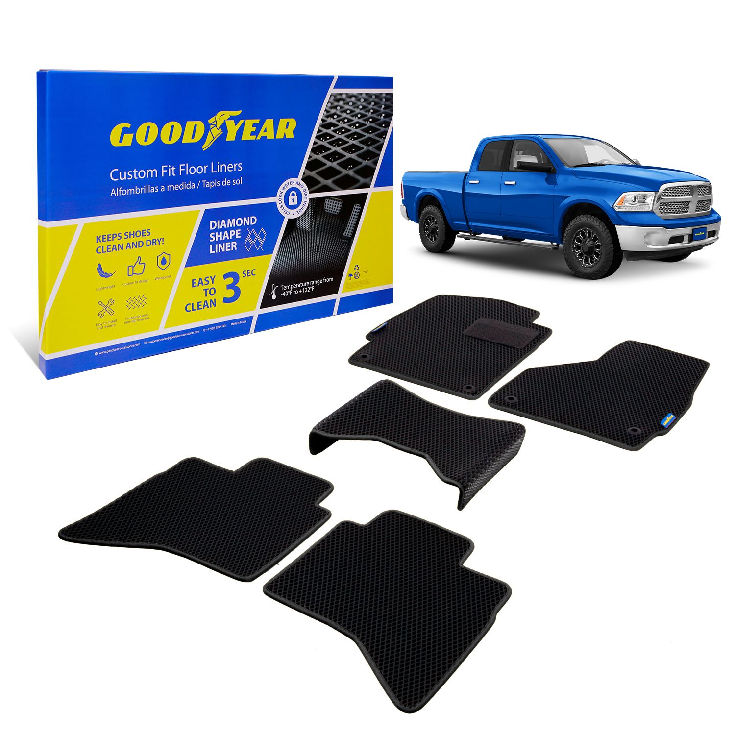 Goodyear Custom Fit Car Floor Liners for Dodge RAM 1500 2009-2018 Quad Cab, Black/Black 5 Pc. Set, All-Weather Diamond Shape Liner Traps Dirt, Liquid, Precision Interior Coverage - GY004297