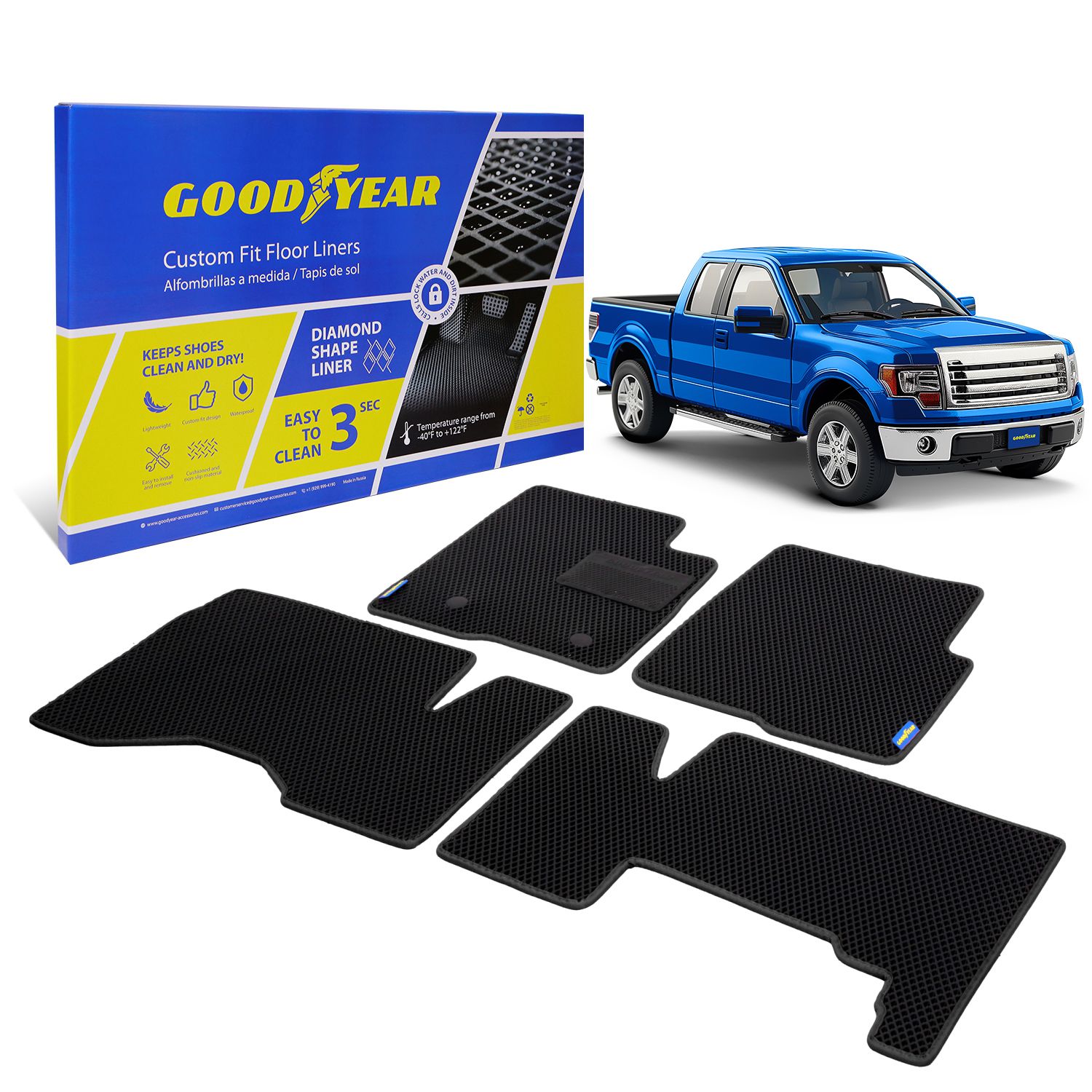 Goodyear Custom Fit Car Floor Liners for Ford F-150 2009-2014 SuperCab, Black/Black 4 Pc. Set, All-Weather Diamond Shape Liner Traps Dirt, Liquid, Precision Interior Coverage - GY004300