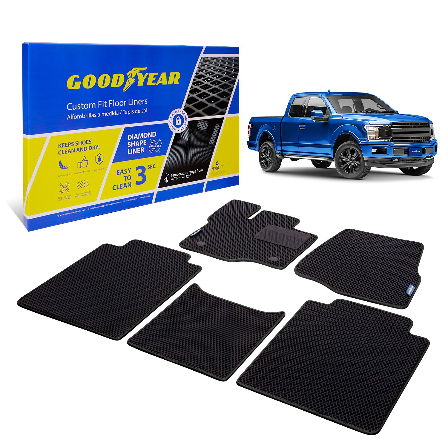Goodyear Custom Fit Car Floor Liners for Ford F-150 2015-2021 SuperCab, Black/Black 5 Pc. Set, All-Weather Diamond Shape Liner Traps Dirt, Liquid, Precision Interior Coverage - GY004303