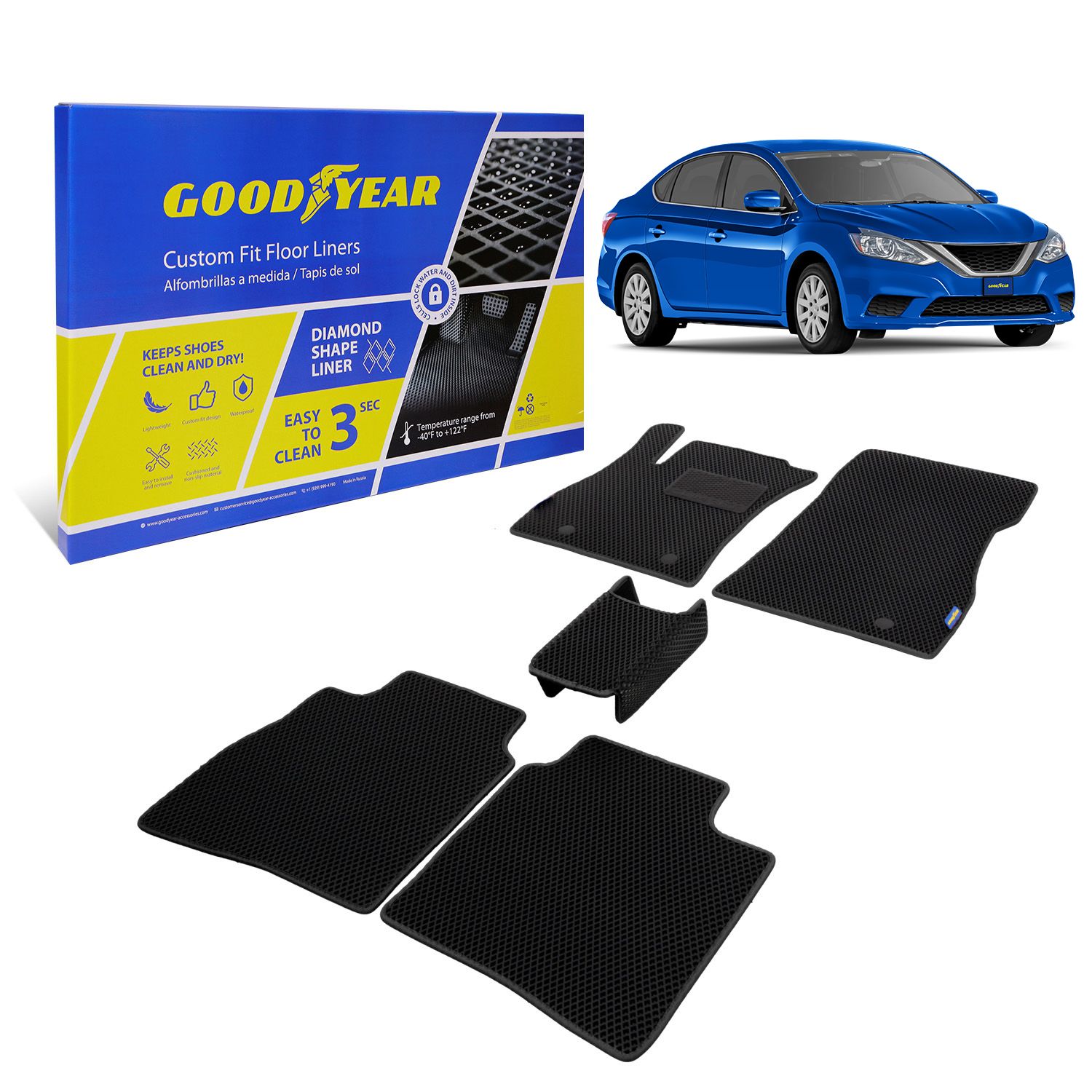 Goodyear Custom Fit Car Floor Liners for Nissan Sentra 2013-2019 Sedan, Black/Black 5 Pc. Set, All-Weather Diamond Shape Liner Traps Dirt, Liquid, Precision Interior Coverage - GY004306