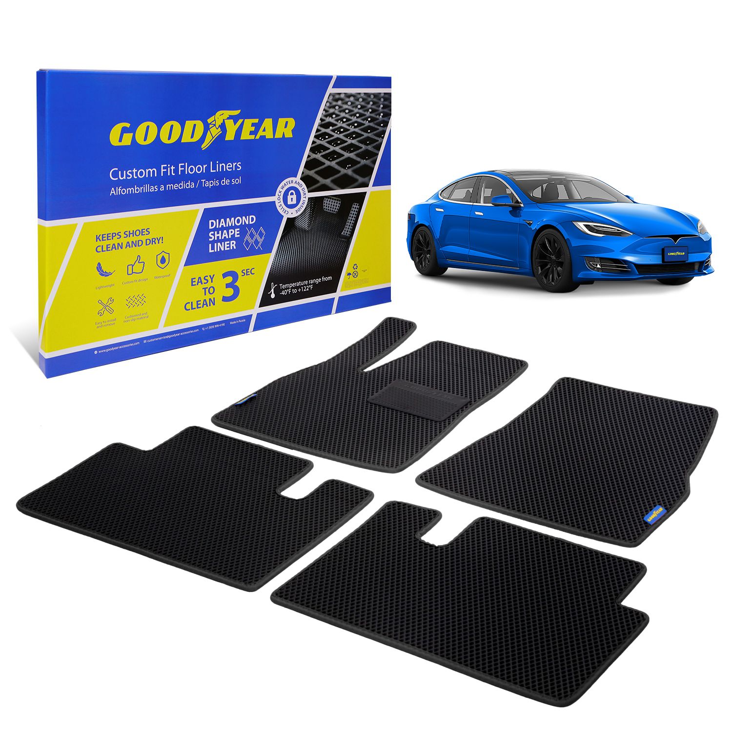 Goodyear Custom Fit Car Floor Liners for Tesla Model S 2014-2020, Black/Black 4 Pc. Set, All-Weather Diamond Shape Liner Traps Dirt, Liquid, Precision Interior Coverage - GY004309