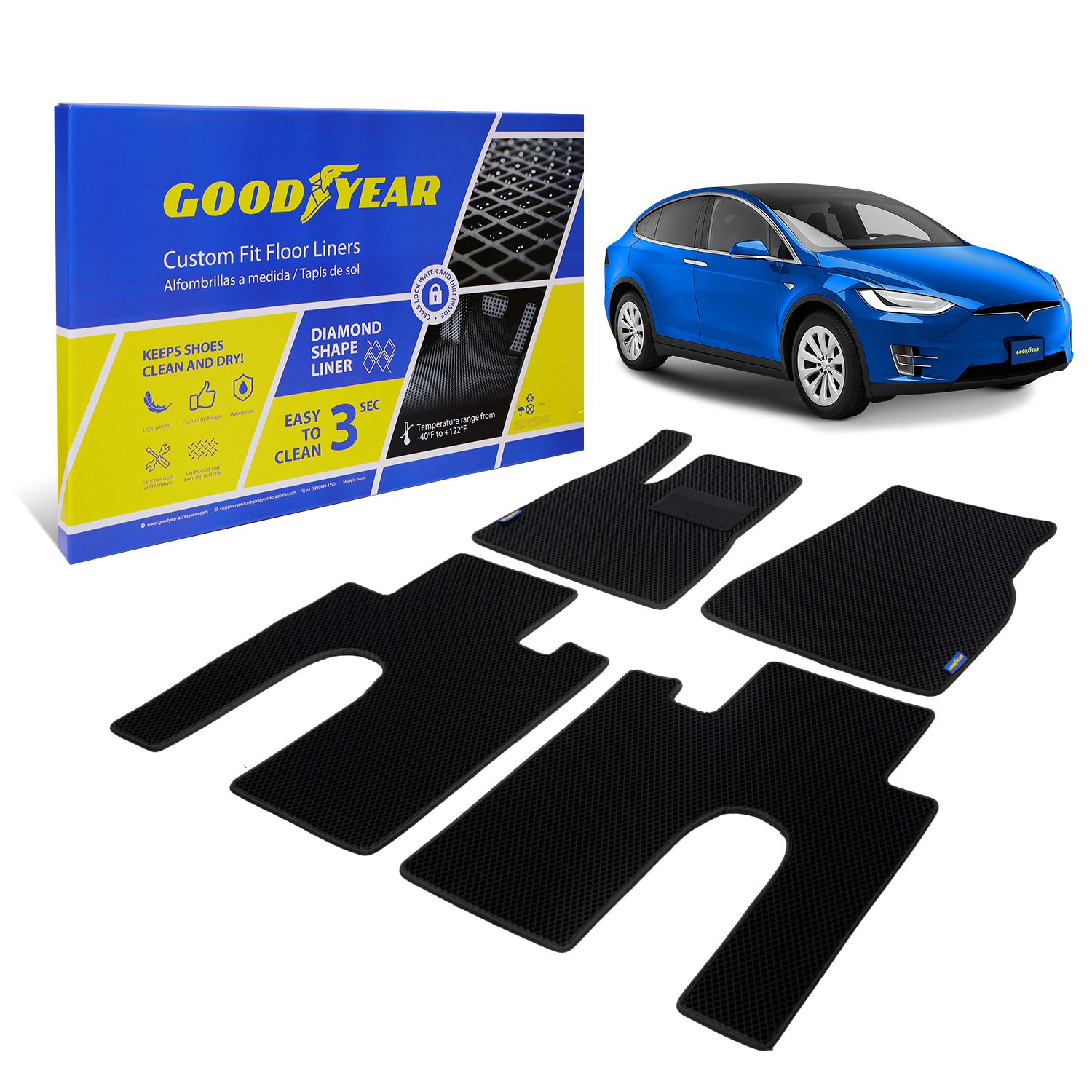 Goodyear Custom Fit Car Floor Liners for Tesla Model X 2017-2021, Black/Black 4 Pc. Set, All-Weather Diamond Shape Liner Traps Dirt, Liquid, Precision Interior Coverage - GY004312
