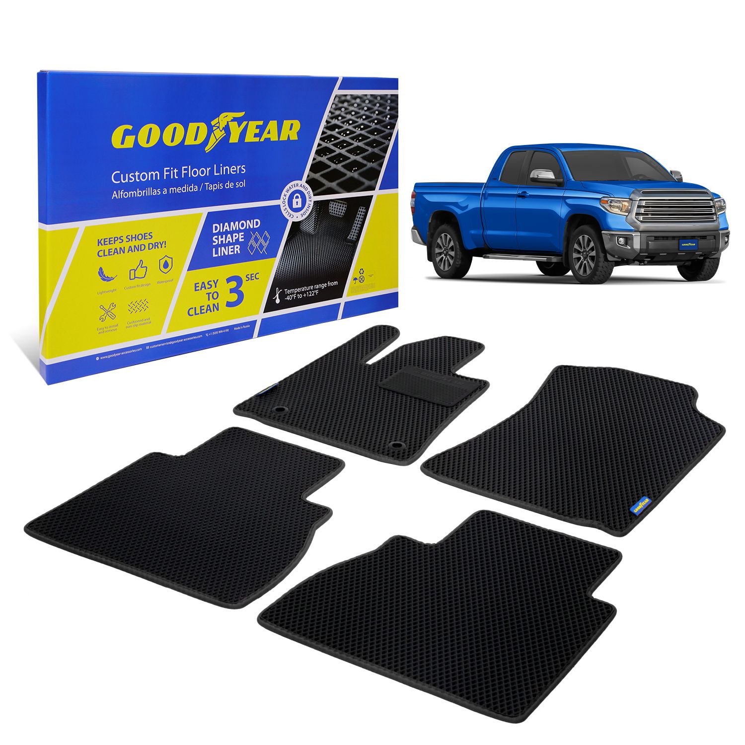 Goodyear Custom Fit Car Floor Liners for Toyota Tundra 2012-2021 Double Cab, Black/Black 4 Pc. Set, All-Weather Diamond Shape Liner Traps Dirt, Liquid, Precision Interior Coverage - GY004315