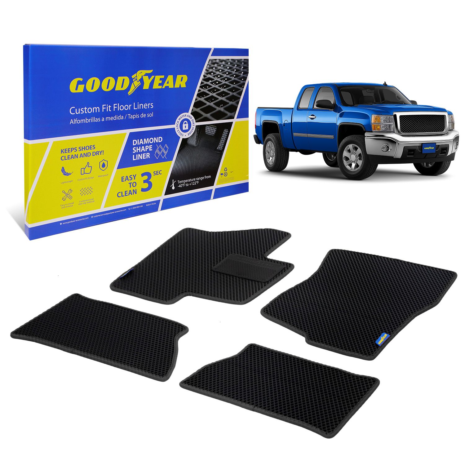 Goodyear Custom Fit Car Floor Liners for Chevrolet (Chevy) Silverado/for GMC Sierra 1500 2007-2013 Extended Cab, Black,All-Weather Diamond Shape Liner Traps Dirt,Precision Interior Coverage - GY004321
