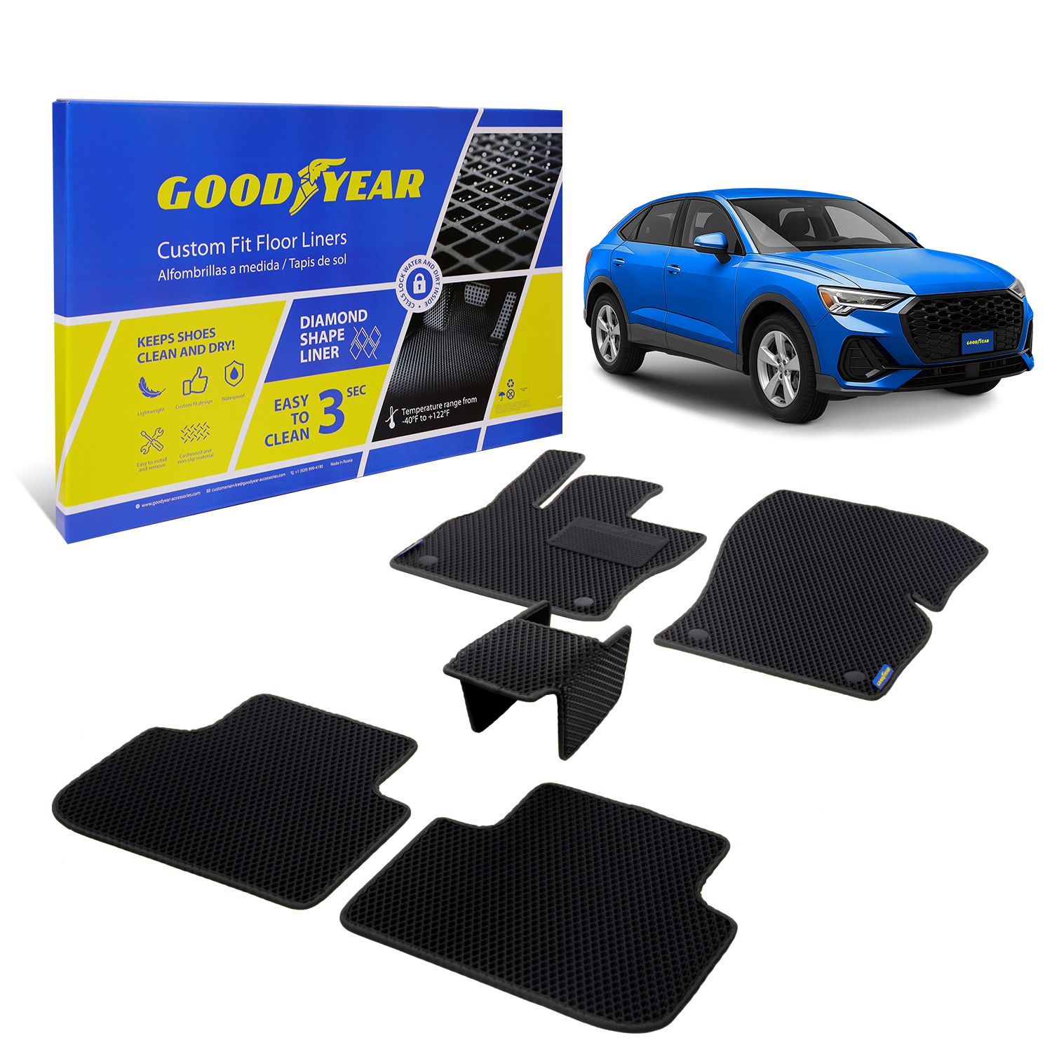 Goodyear Custom Fit Car Floor Liners for Audi Q3 SPORTBACK 2020-2021, Black/Black 5 Pc. Set, All-Weather Diamond Shape Liner Traps Dirt, Liquid, Precision Interior Coverage - GY004324