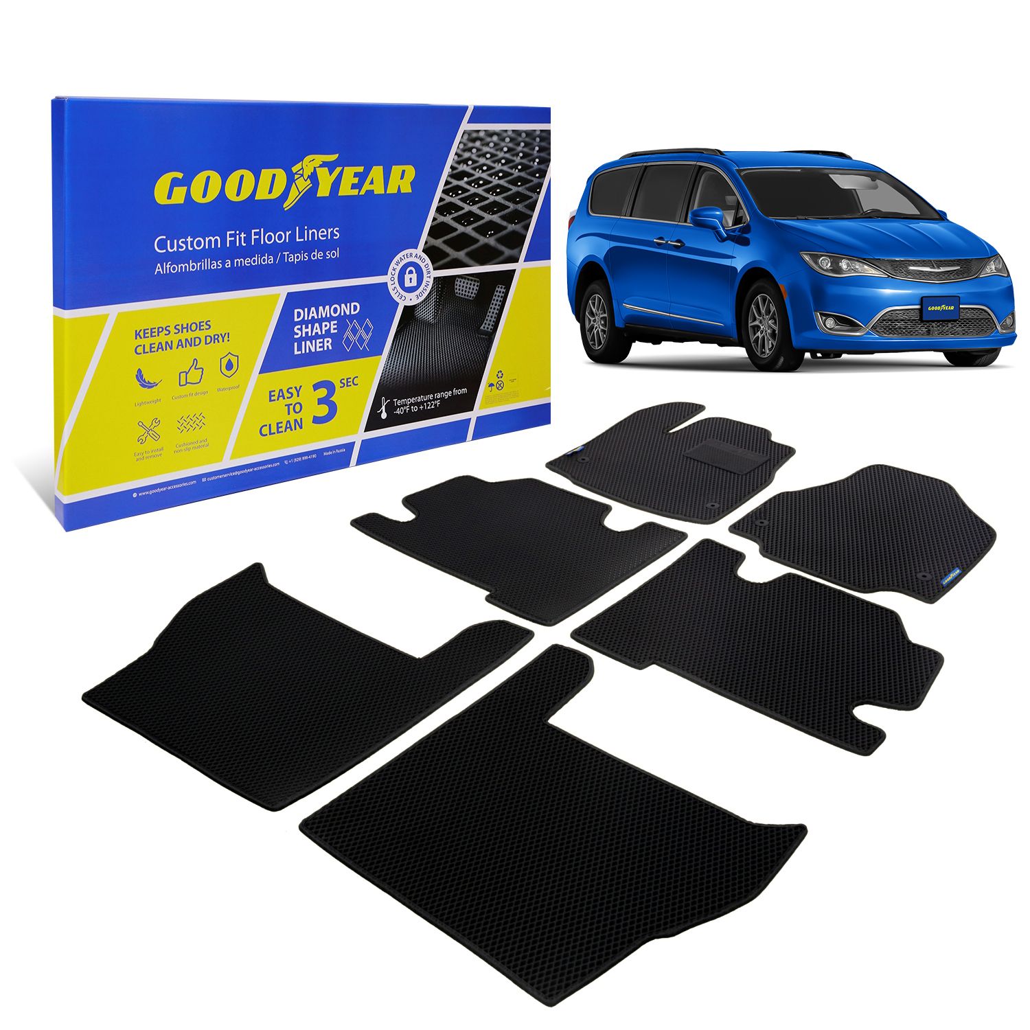 Goodyear Custom Fit Car Floor Liners for Chrysler Pacifica 2017-2021, Black/Black 6 Pc. Set, All-Weather Diamond Shape Liner Traps Dirt, Liquid, Precision Interior Coverage - GY004330