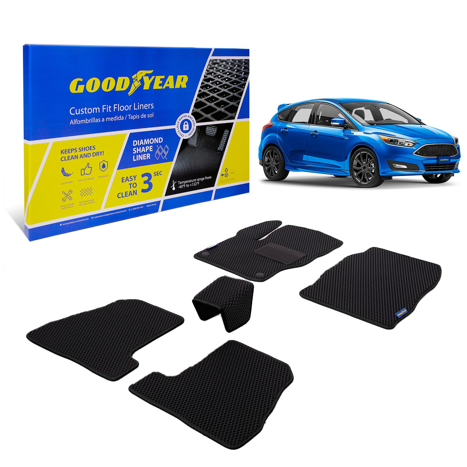Goodyear Custom Fit Car Floor Liners for Ford Focus 2012-2018 Hatchback, Sedan, Black/Black 4 Pc. Set, All-Weather Diamond Shape Liner Traps Dirt,Precision Interior Coverage - GY004336