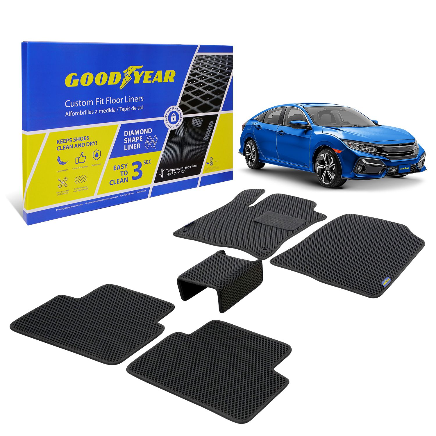 Goodyear Custom Fit Car Floor Liners for Honda Civic 2016-2021, Black/Black 5 Pc. Set, All-Weather Diamond Shape Liner Traps Dirt, Liquid, Precision Interior Coverage - GY004339