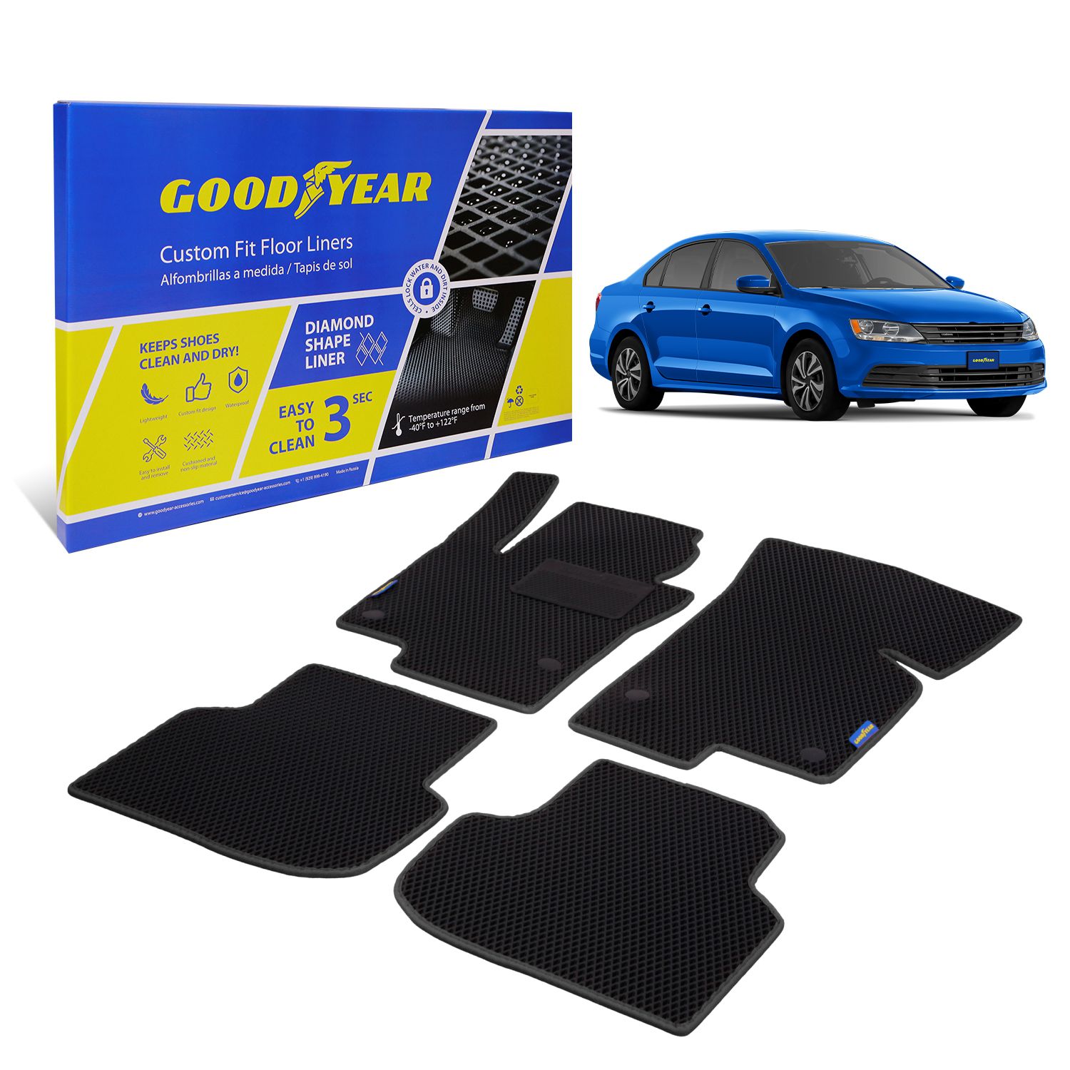 Goodyear Custom Fit Car Floor Liners for Volkswagen (VW) Jetta 2011-2018, Black/Black 4 Pc. Set, All-Weather Diamond Shape Liner Traps Dirt, Liquid, Precision Interior Coverage - GY004345