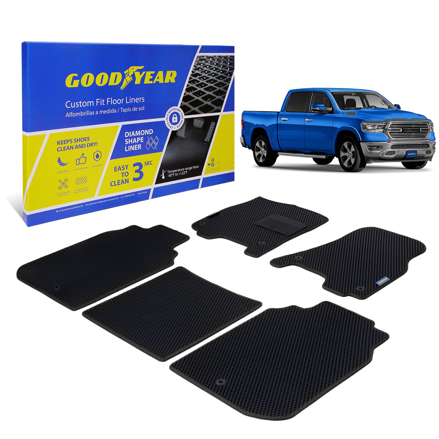 Goodyear Custom Fit Car Floor Liners for Dodge Ram 2500 2019-2021 Crew Cab, Black/Black 5 Pc. Set, All-Weather Diamond Shape Liner Traps Dirt, Liquid, Precision Interior Coverage - GY004351